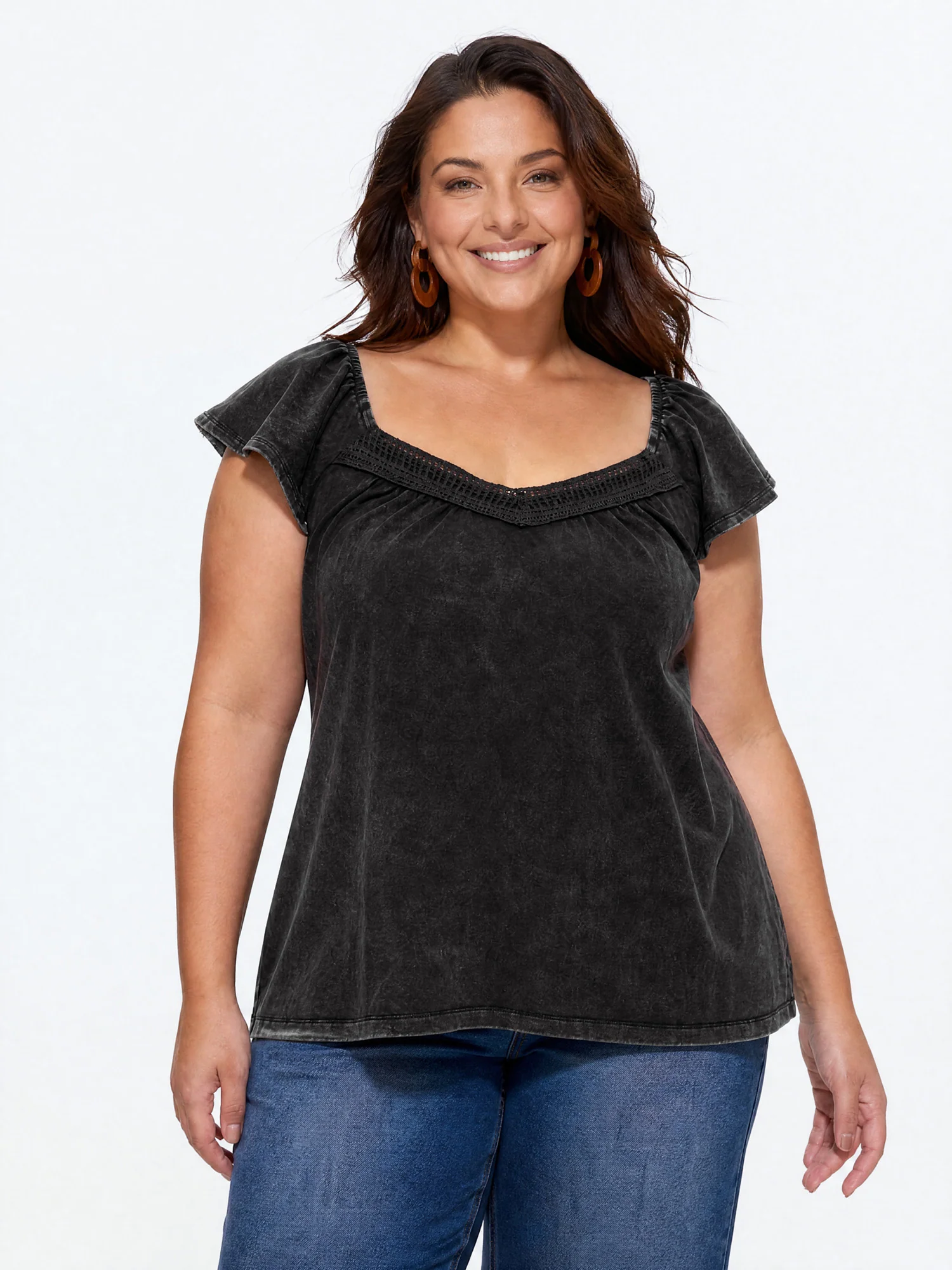 Cotton Lace Textured Sweetheart Neckline T-Shirt