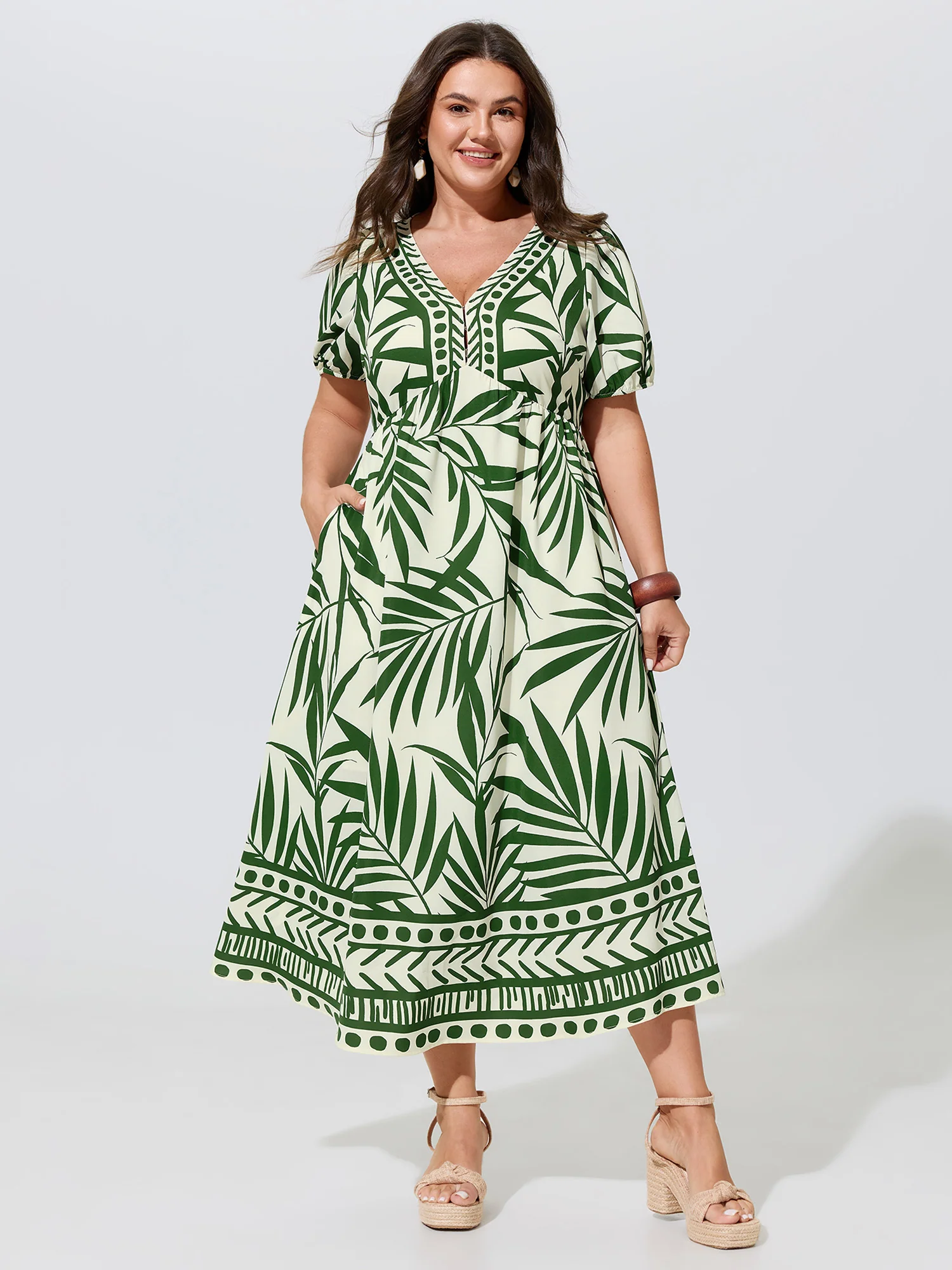Tropical Palm Print V Neck Midi Dress
