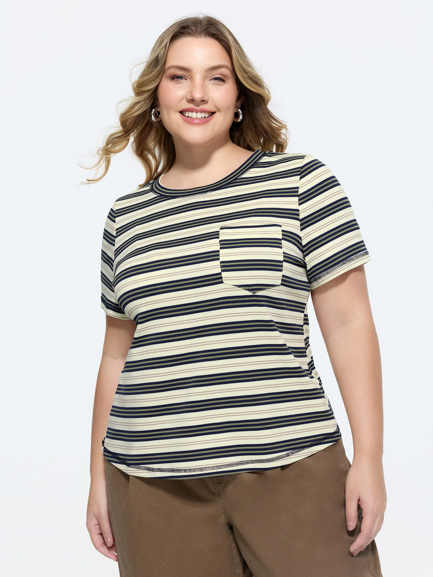 Stretchy Striped Print Round Neck T-Shirt