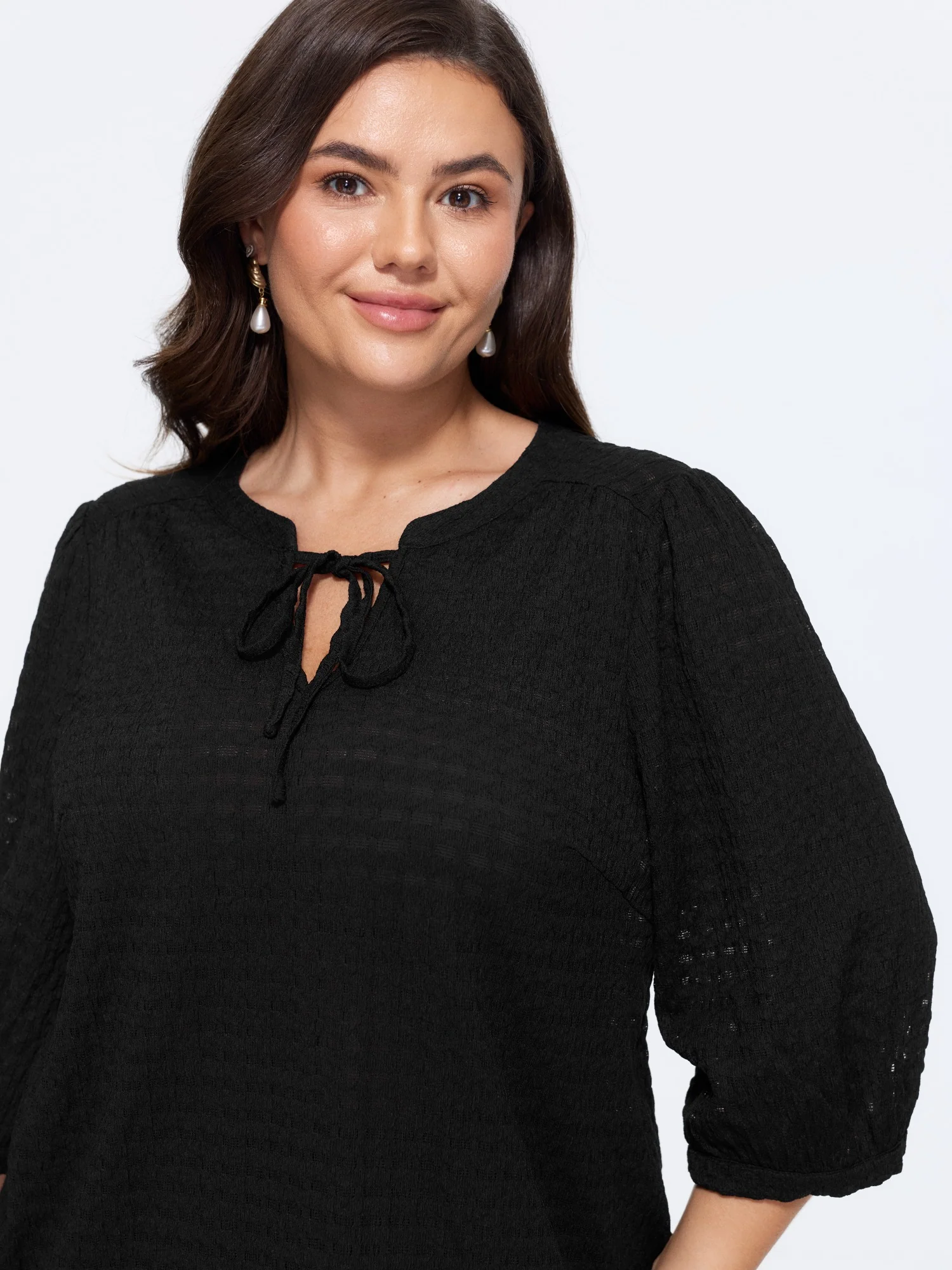 Stretchy Crinkle Textured Neck Tie Blouse