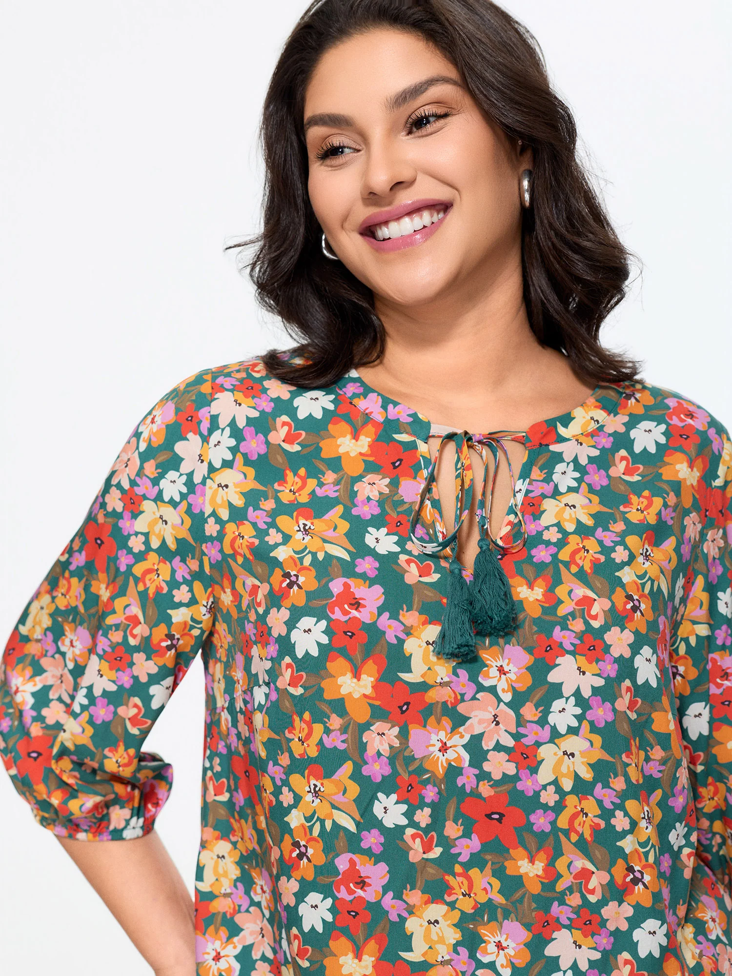 Supersoft Floral Print Tassel Neckline Blouse