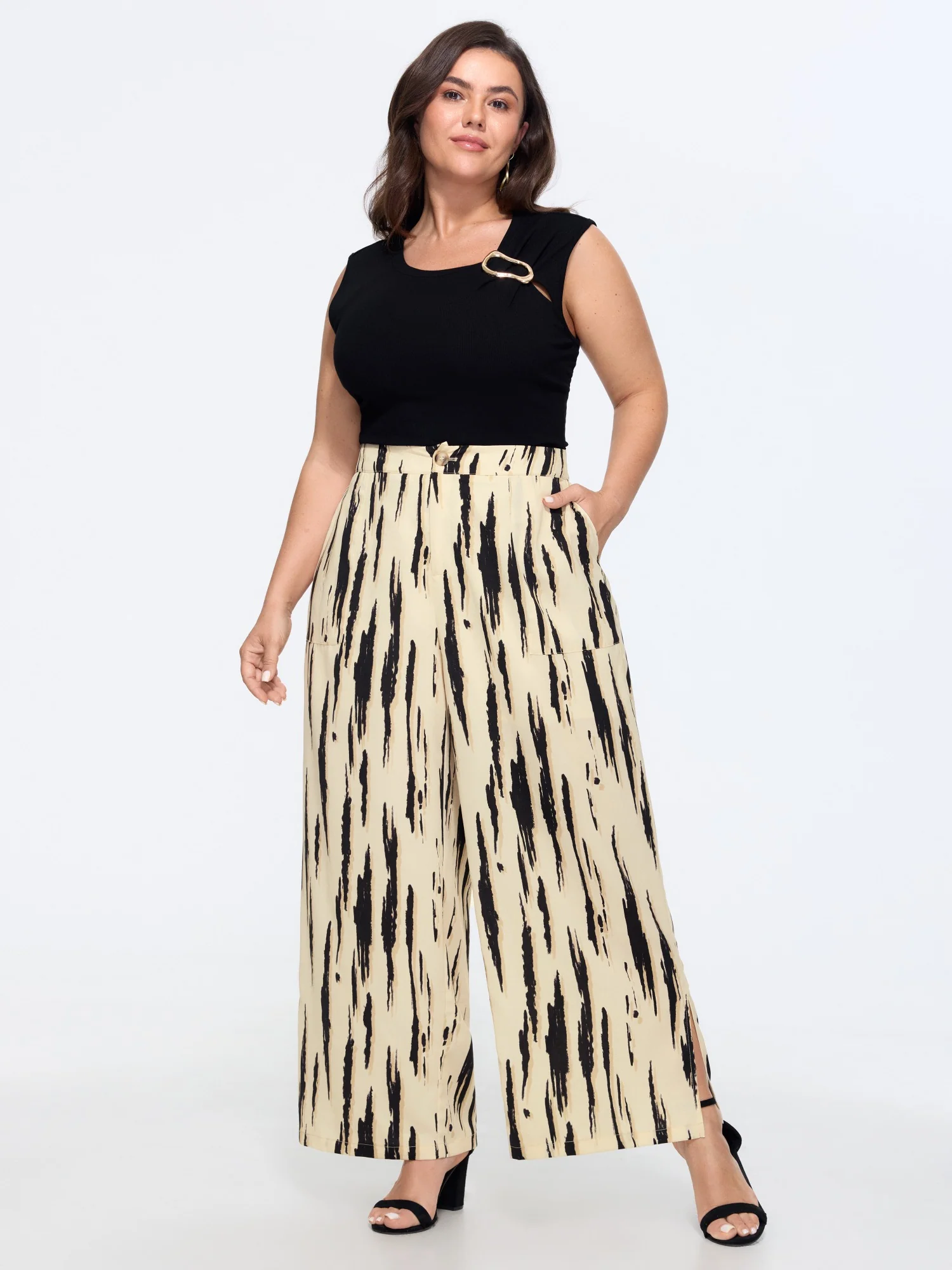 Abstract Print Side Slit Wide Leg Pants