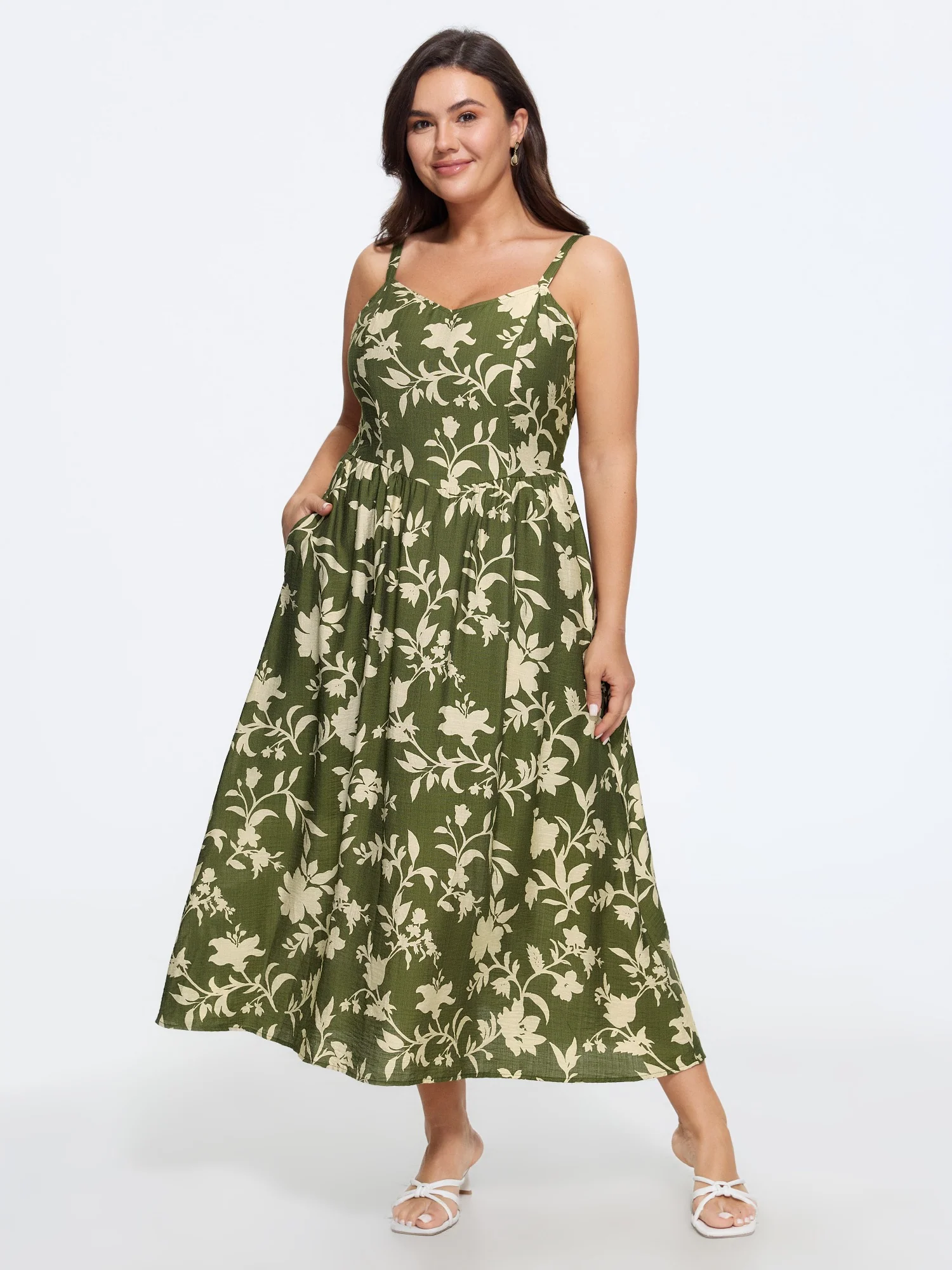 Floral Print Shirred Cami Midi Dress