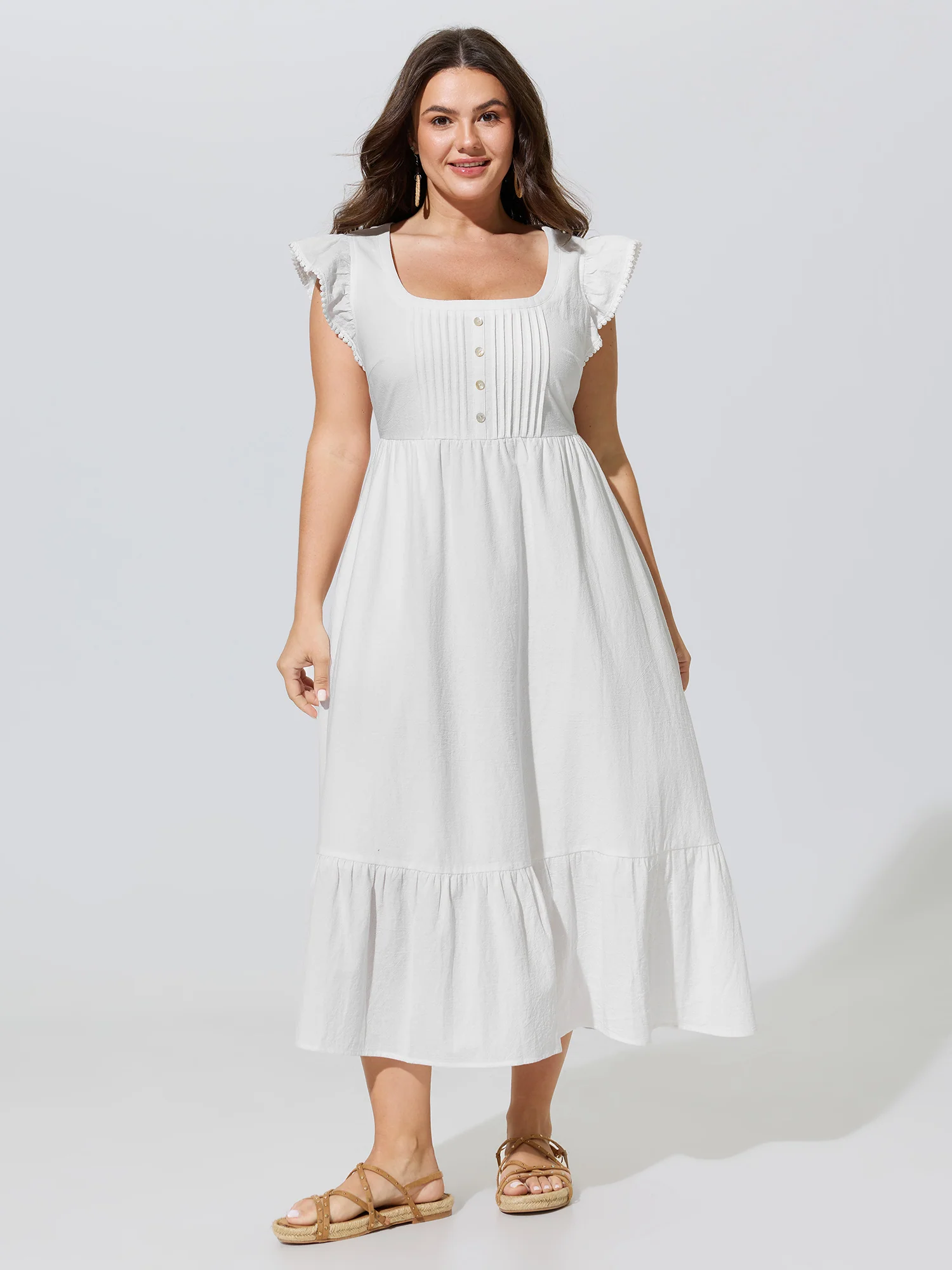 Cotton Ruffled Cap Sleeve Pleated Midi Dress