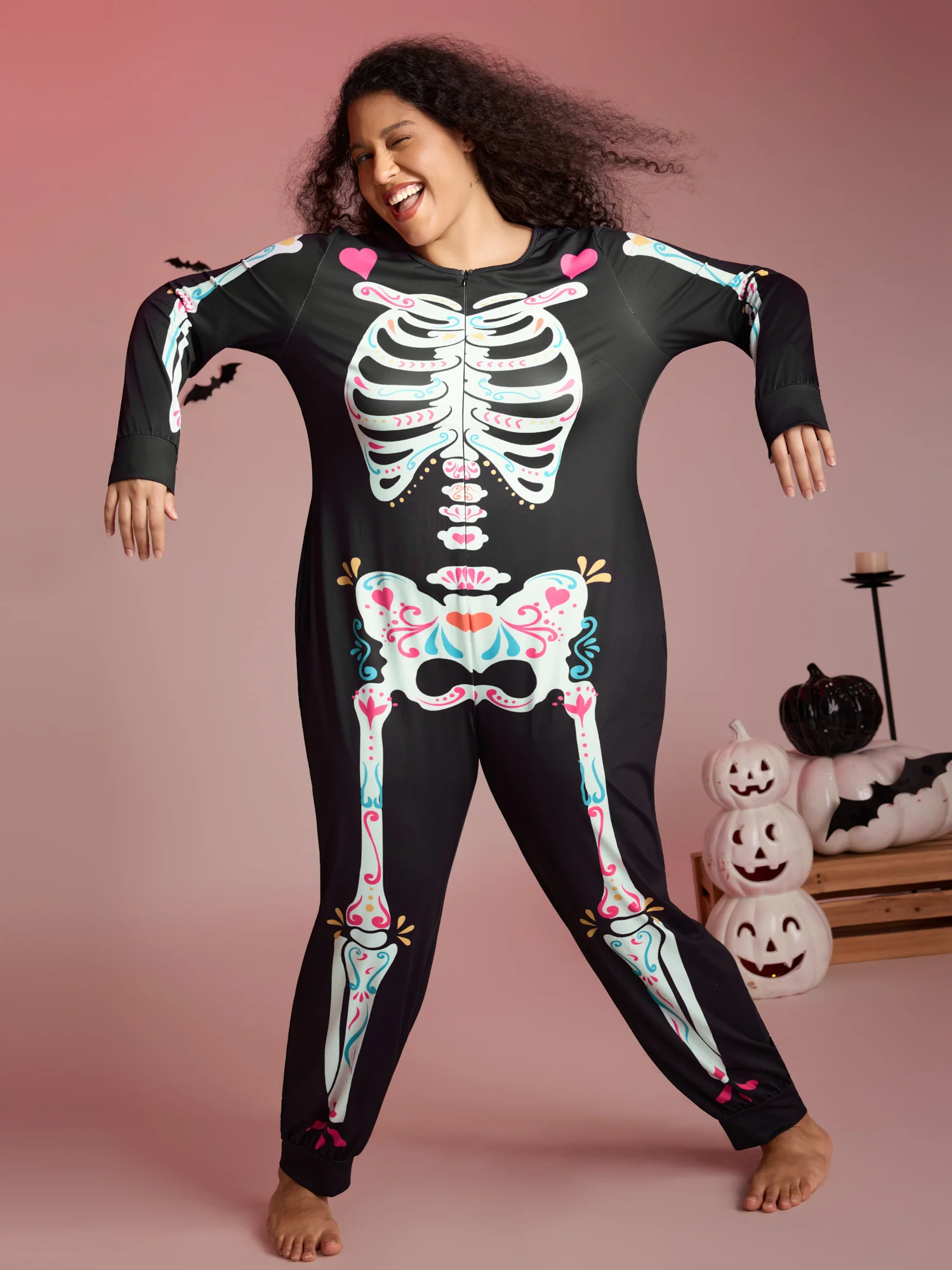 Skeletal Rib Print Hidden Zipper Lounge Jumpsuit