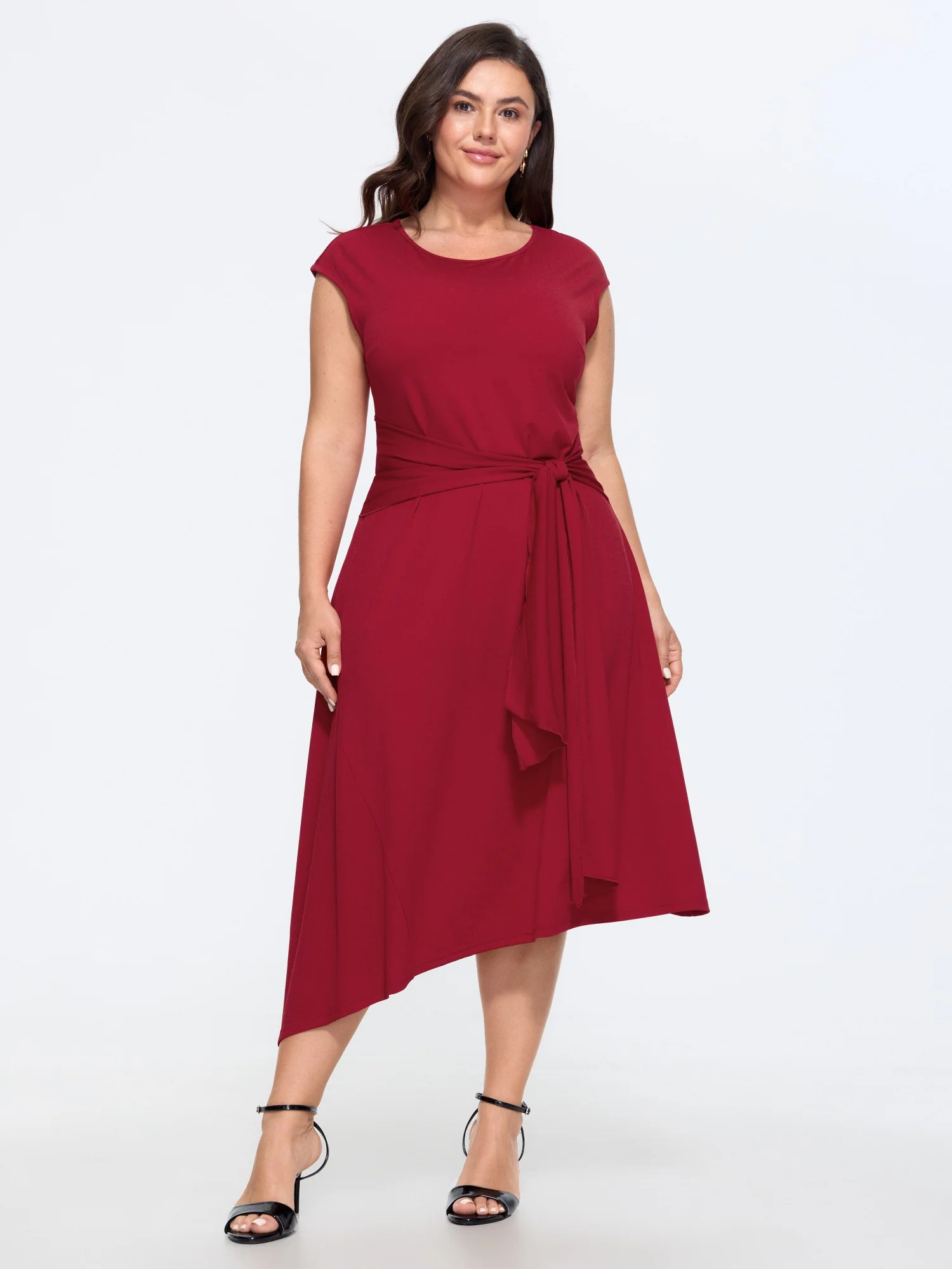 Round Neck Self Tie Waist Asymmetrical Hem Midi Dress