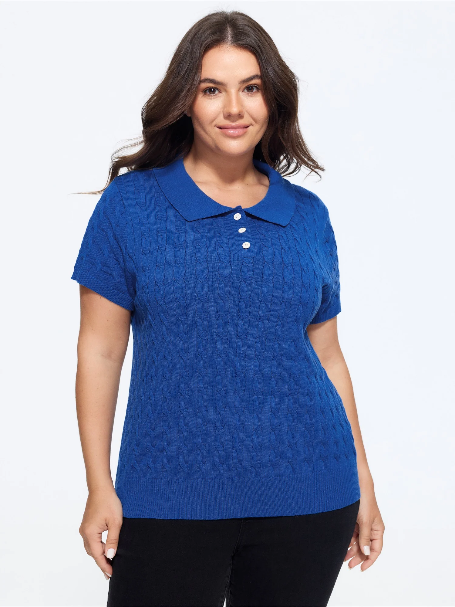Cable Knit Button Front Short Sleeve Pullover
