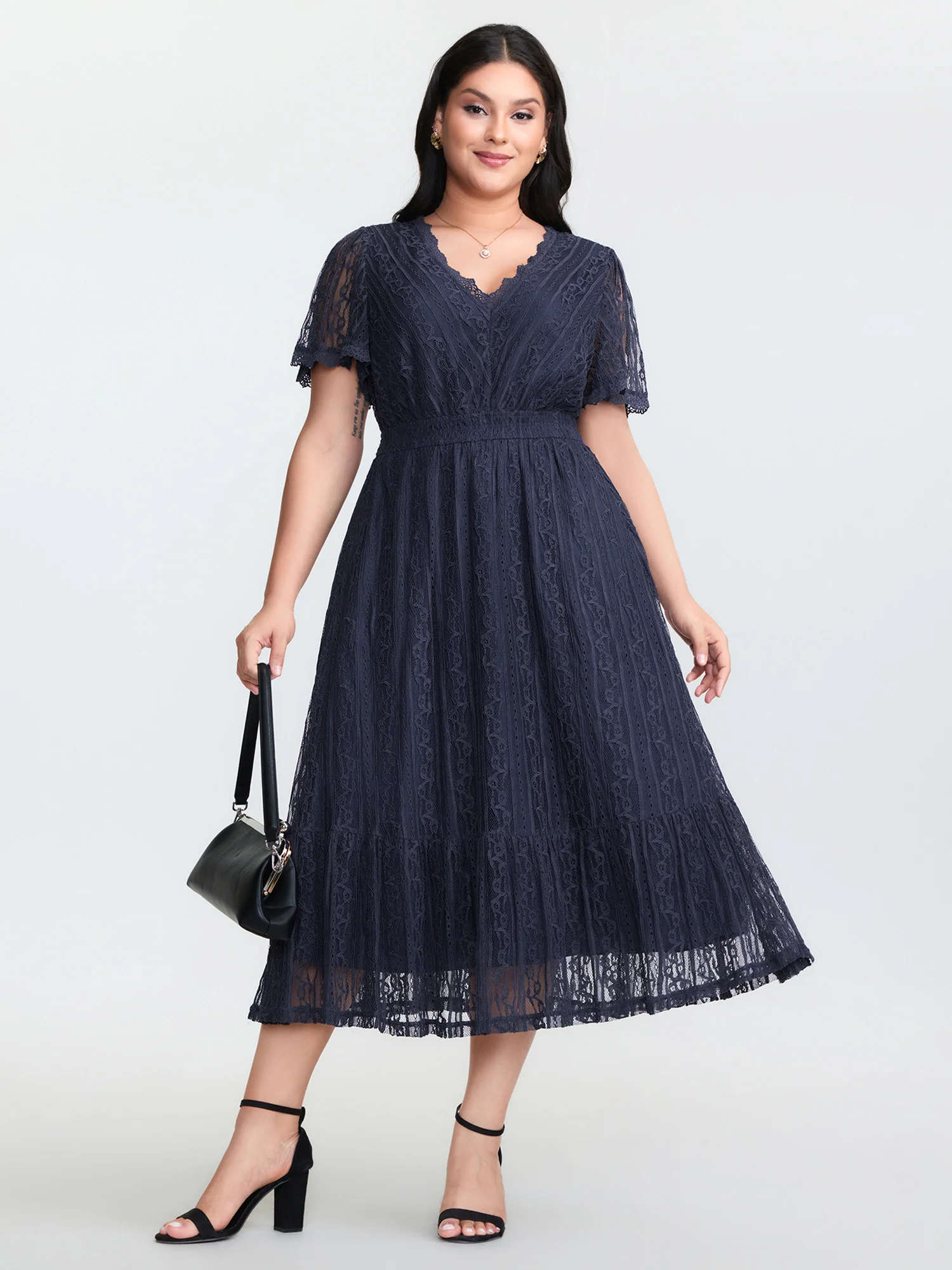 Sheer Lace Trim V-Neck Midi Dress