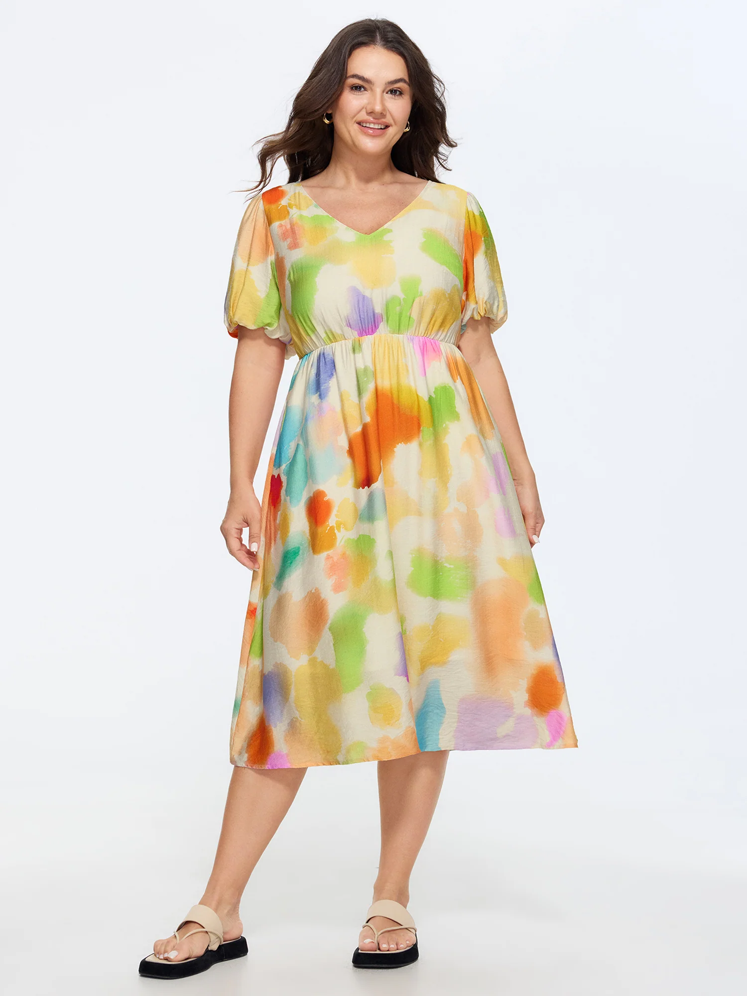 Supersoft Colorful Abstract Print Bubble Sleeve Midi Dress