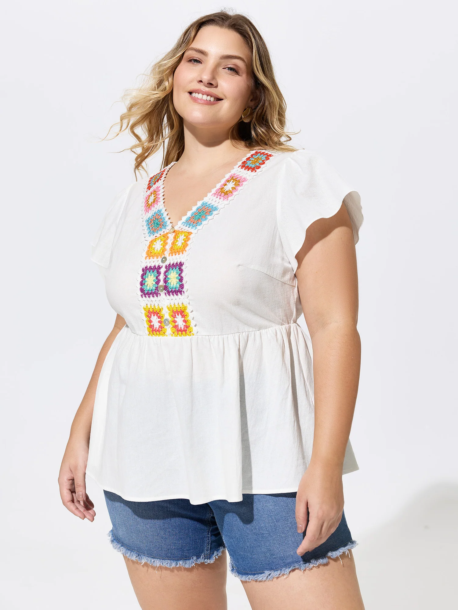 Cotton Colorful Floral Crochet Fit And Flare Blouse