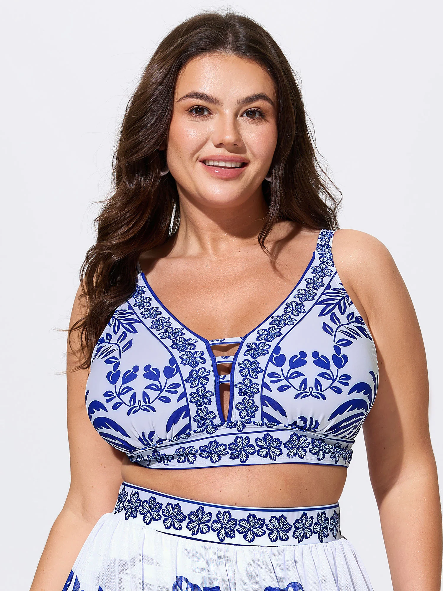 Tropical Print Cut-Out Neckline Swim Top