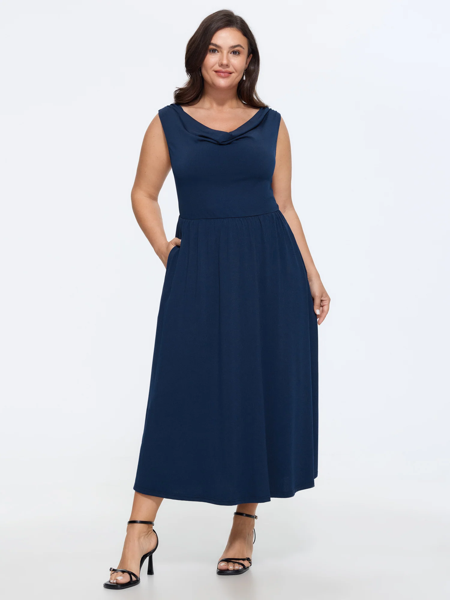 Stretchy Cowl Neckline Cut-Out Back Midi Dress