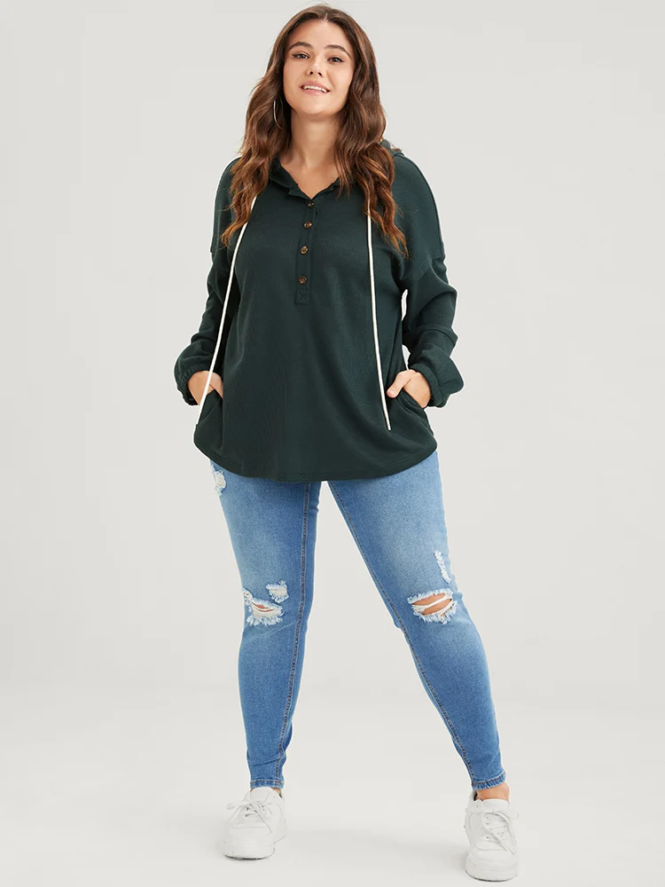 Solid Pocket Button Drawstring Waffle Knit Hooded Sweatshirt