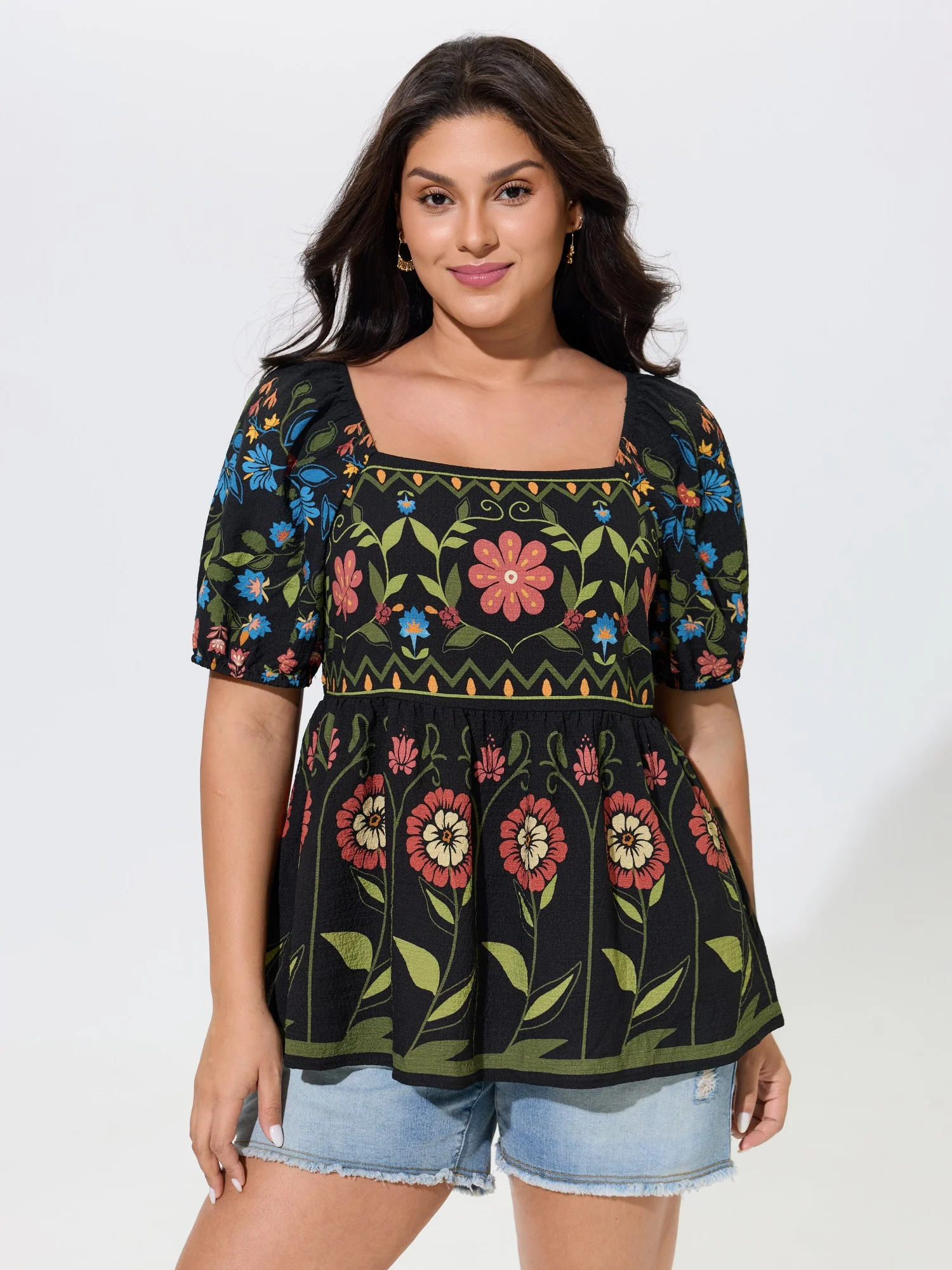 Boho Floral Square Neck Peplum Blouse