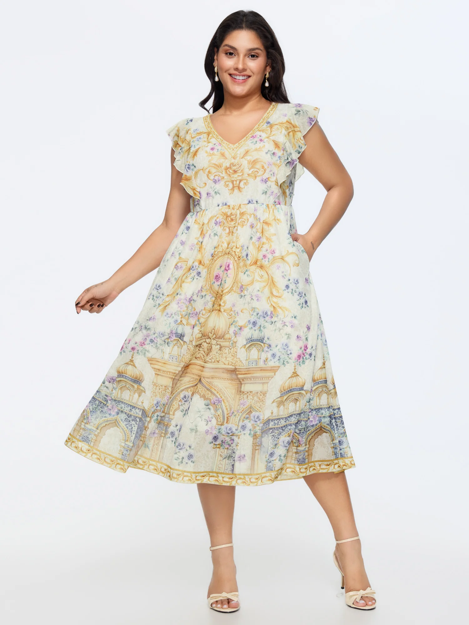 Stretchy Floral Print Ruffle Flutter Sleeve Midi Dress