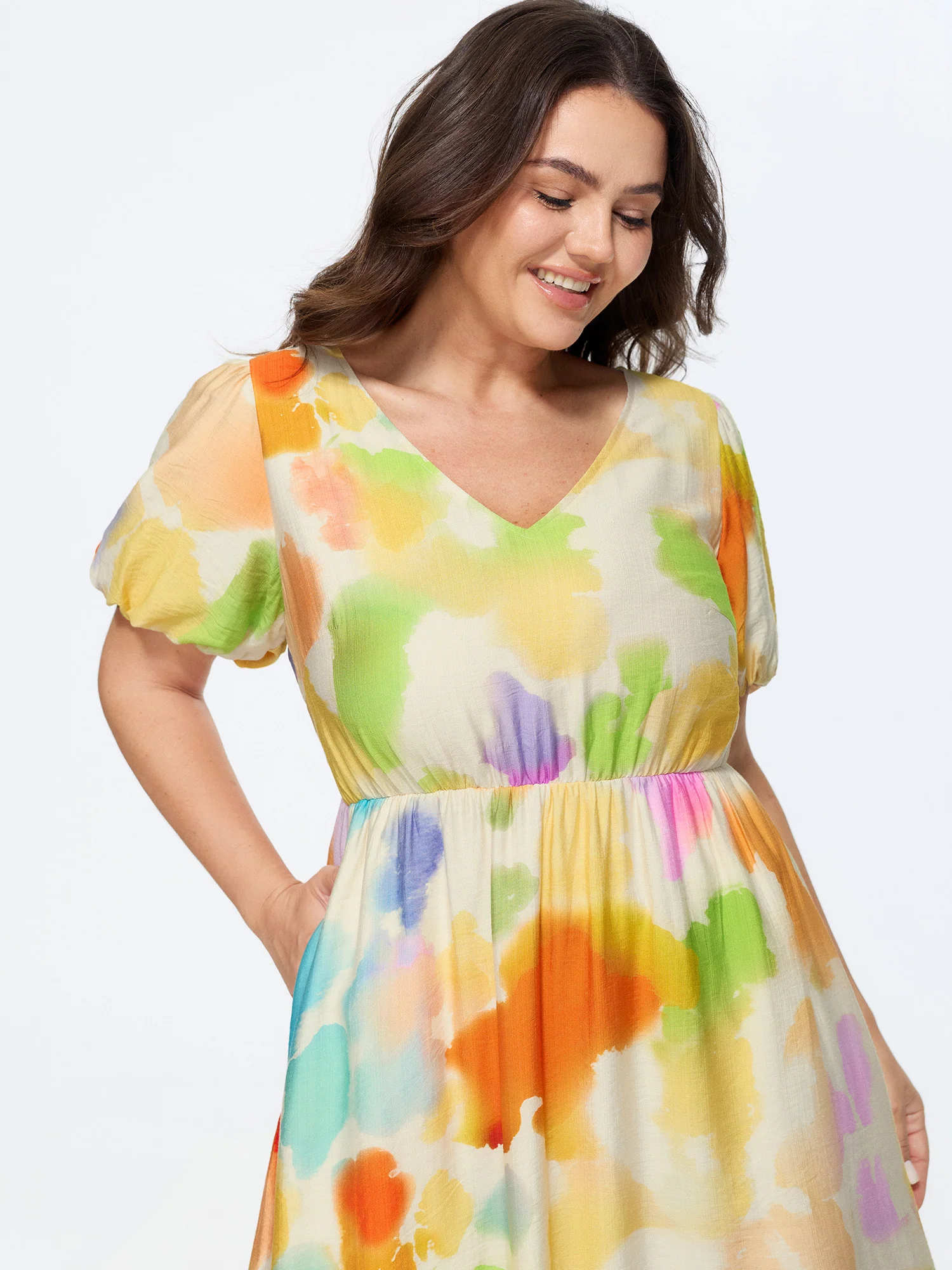 Supersoft Colorful Abstract Print Bubble Sleeve Midi Dress