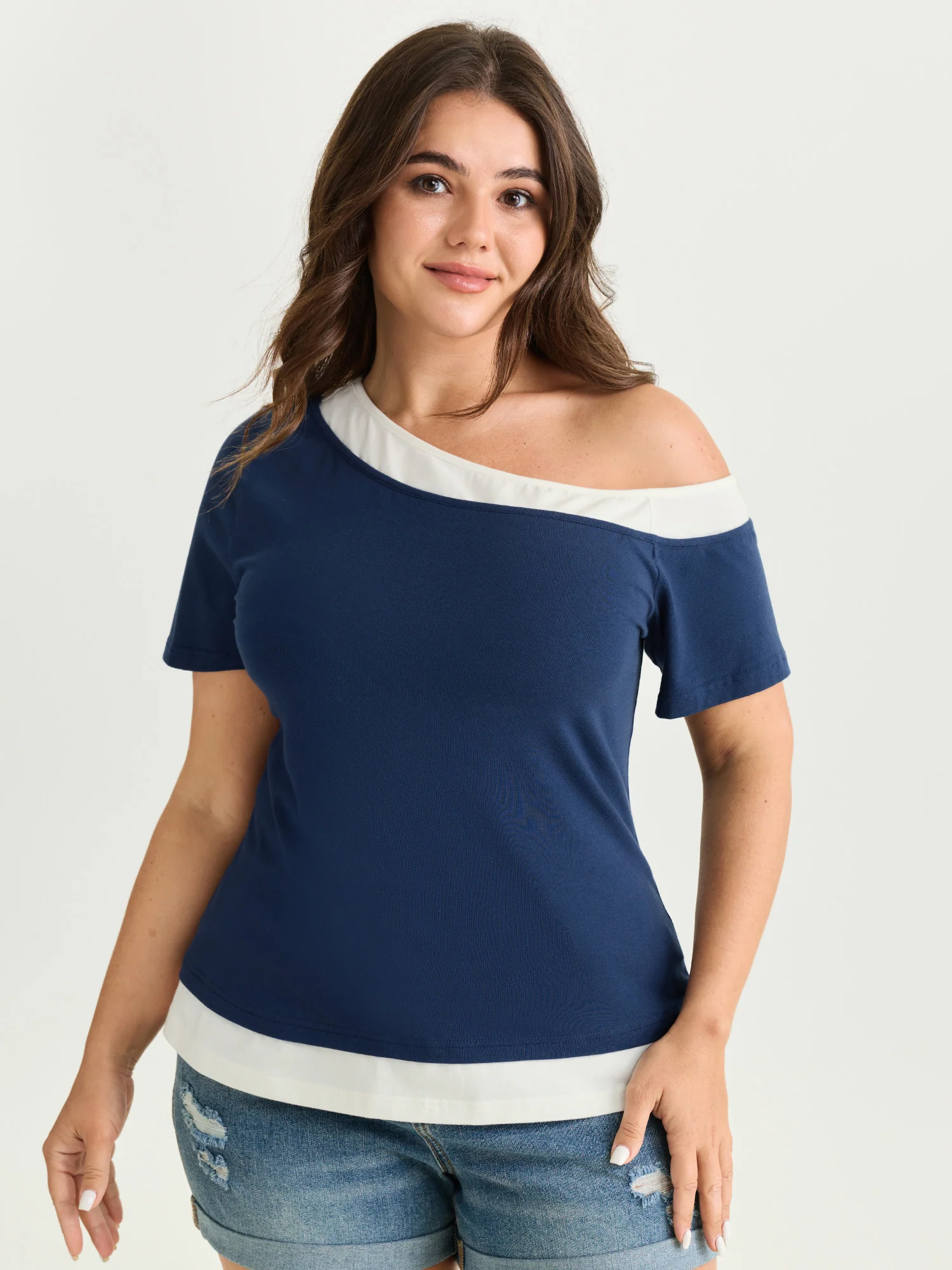 Cotton Stretchy Color Contrast One-Shoulder T-Shirt