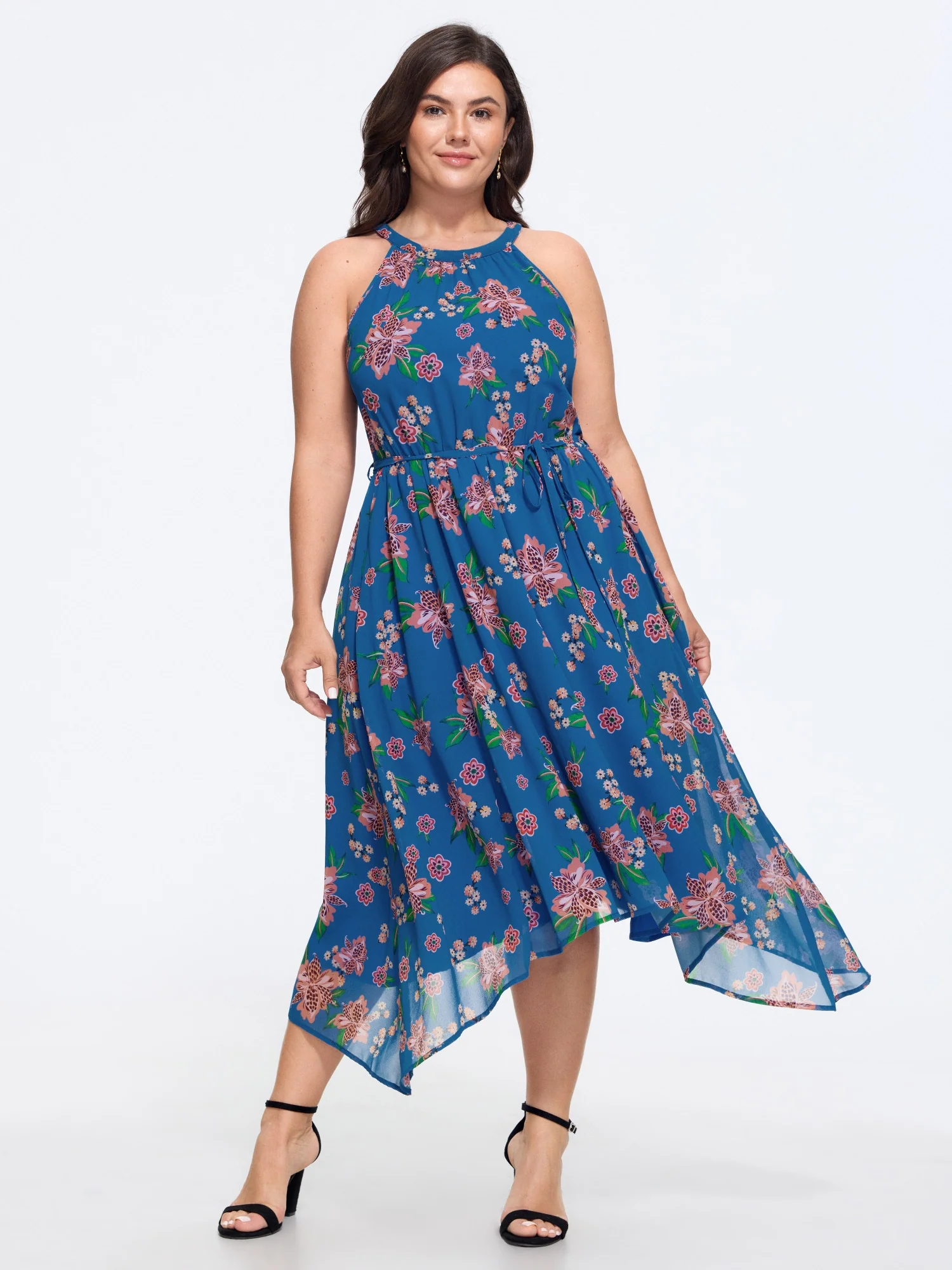 Floral Print Halter High Low Hem Midi Dress