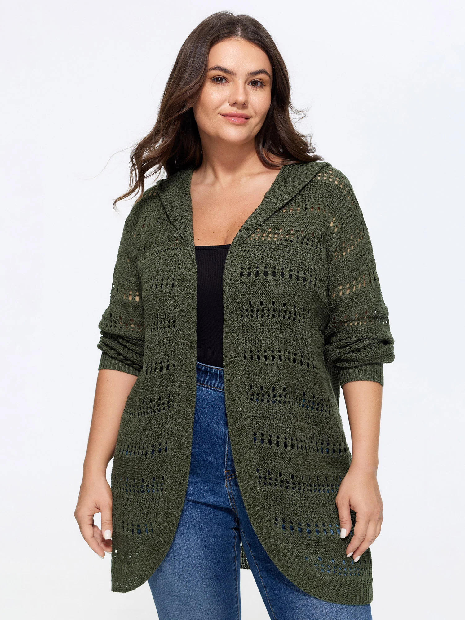 Hooded Open Front Cut Out Long Cardigan