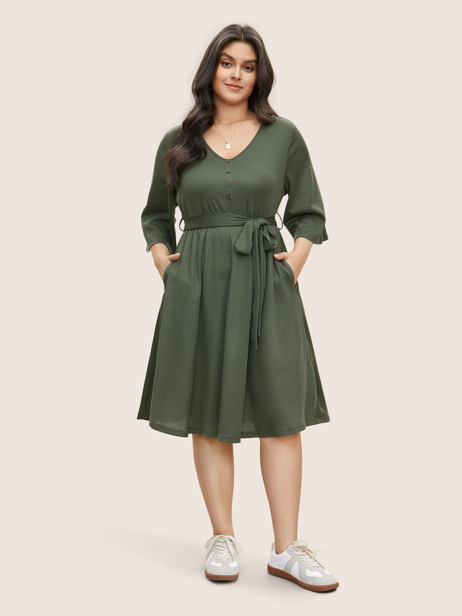 Solid Waffle Knit Button Detail Belted Dress