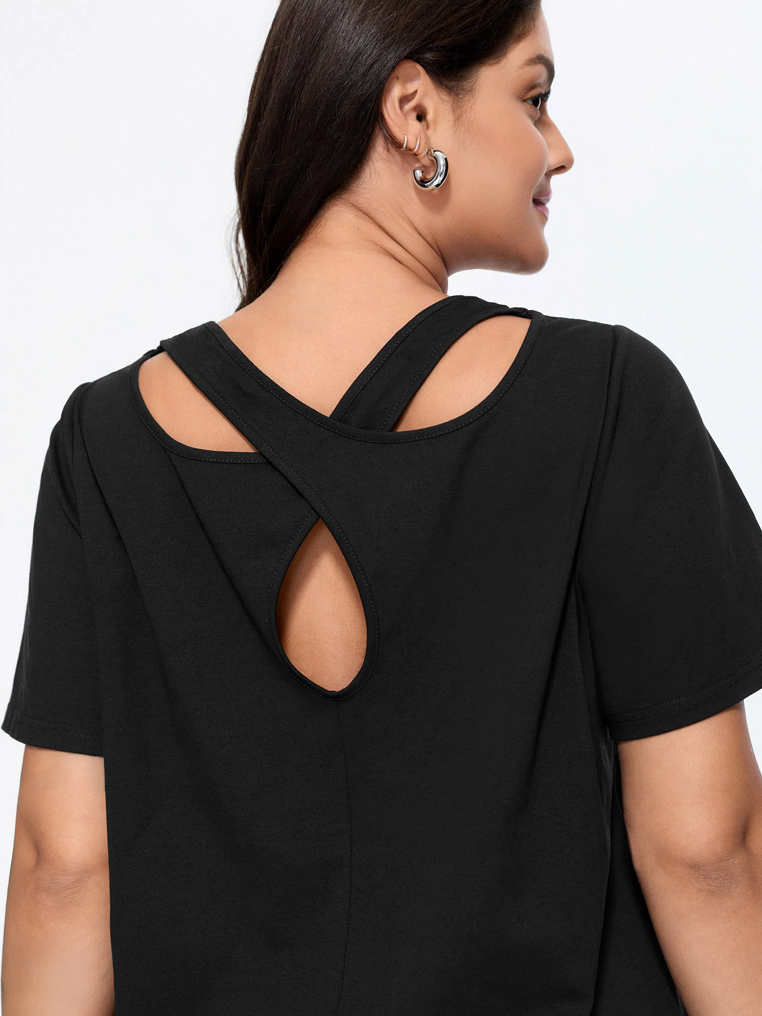 Cotton Stretchy Cut-Out Back Plain Knit Top