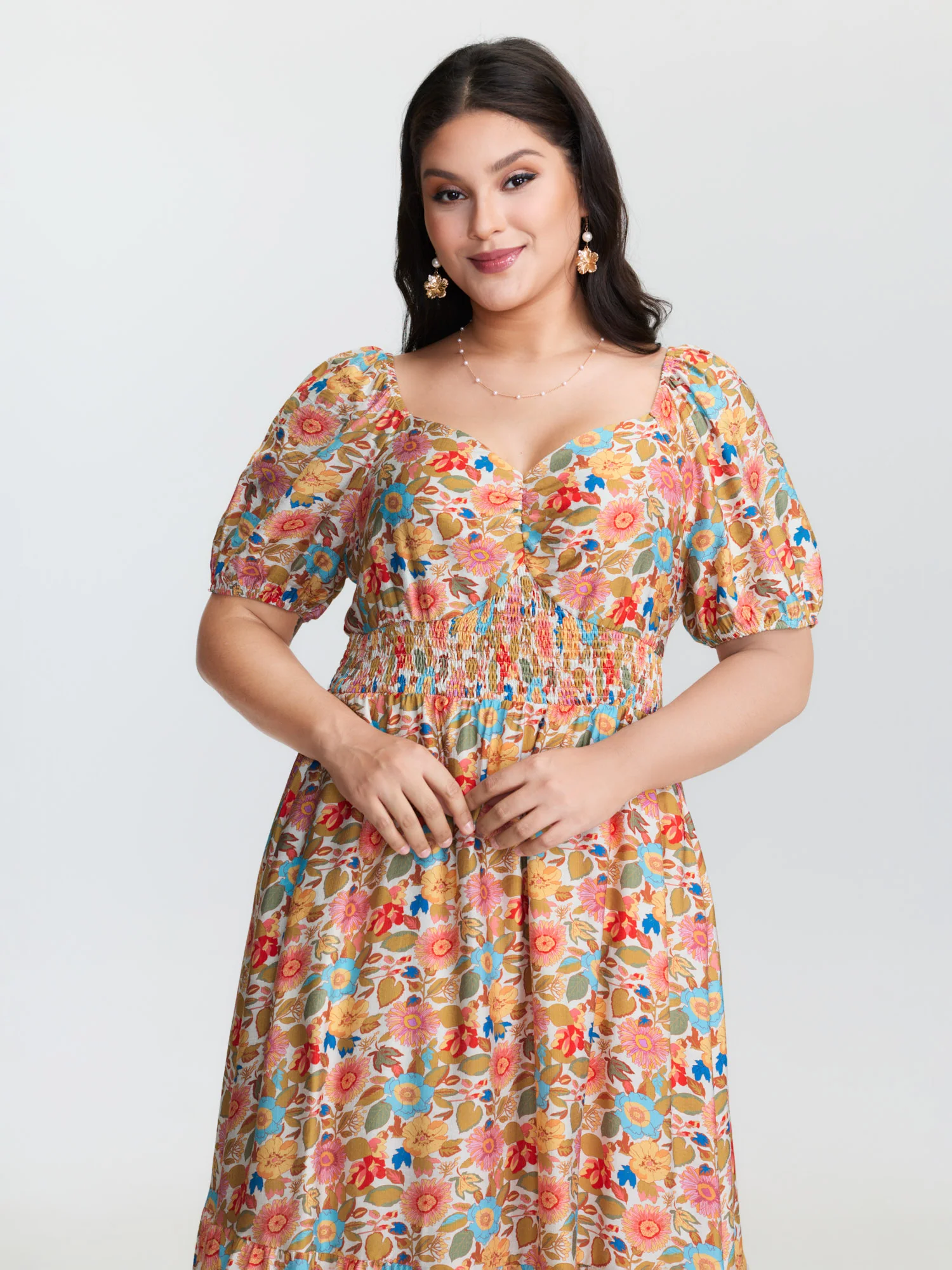 Floral Print Sweetheart Neckline Midi Dress