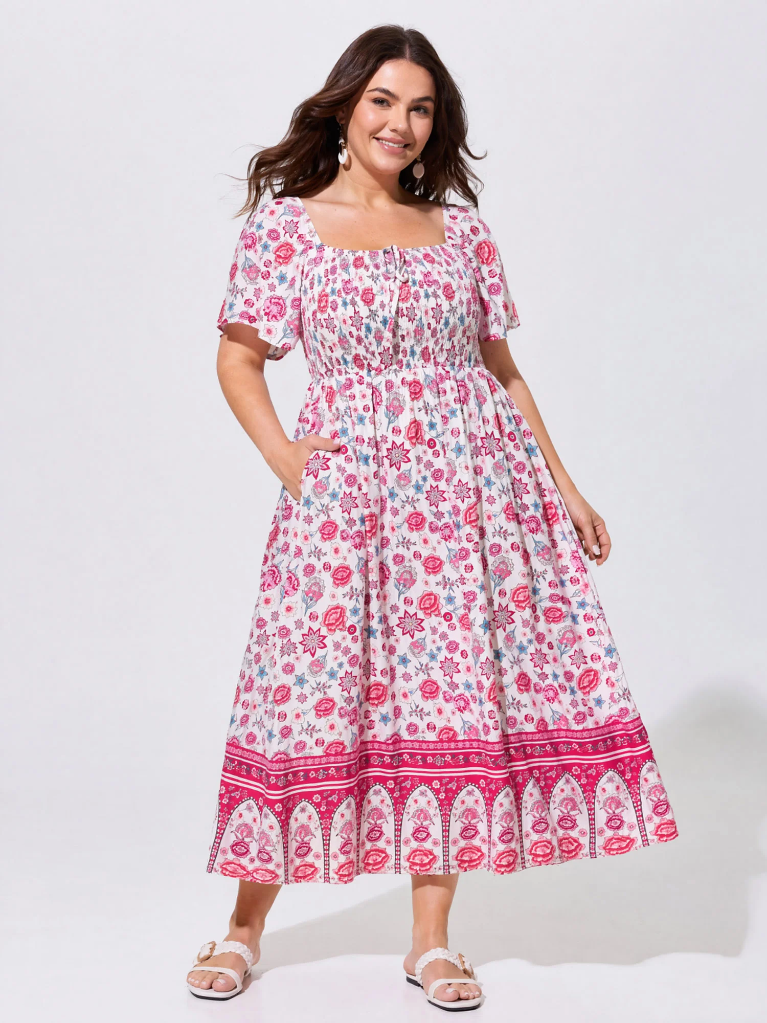 Floral Print Square Shirred Bodice Maxi Dress