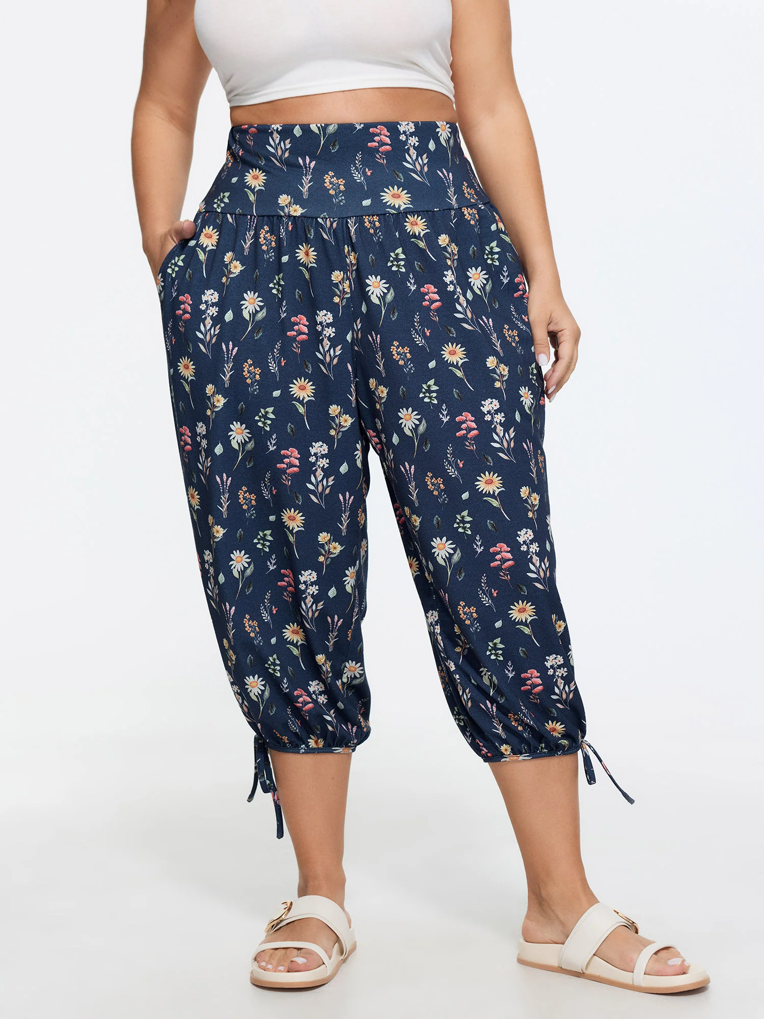 Stretchy Floral Print Drawstring Cuff Pants