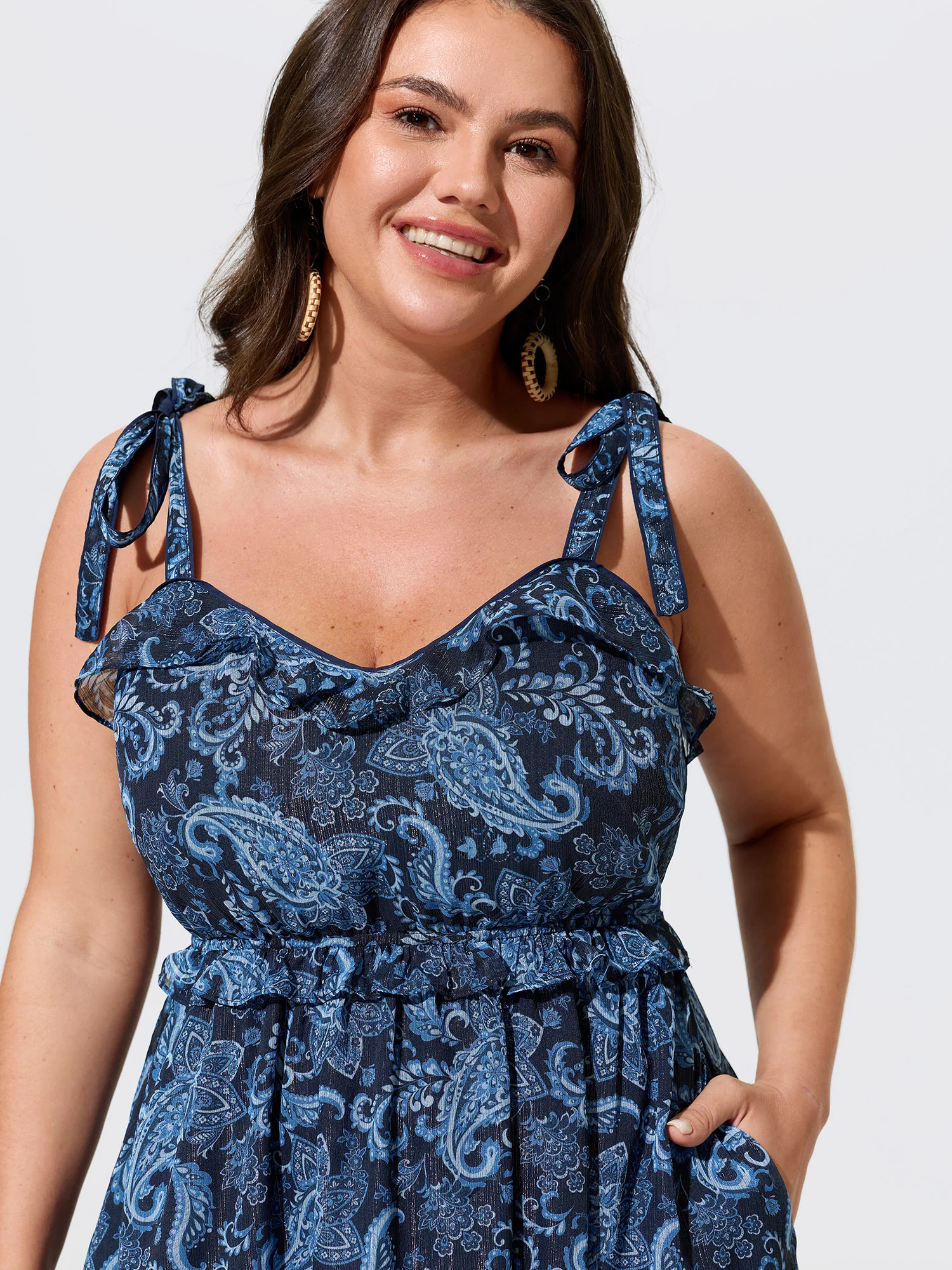 Paisley Print Shoulder-Tie Ruffled Maxi Dress