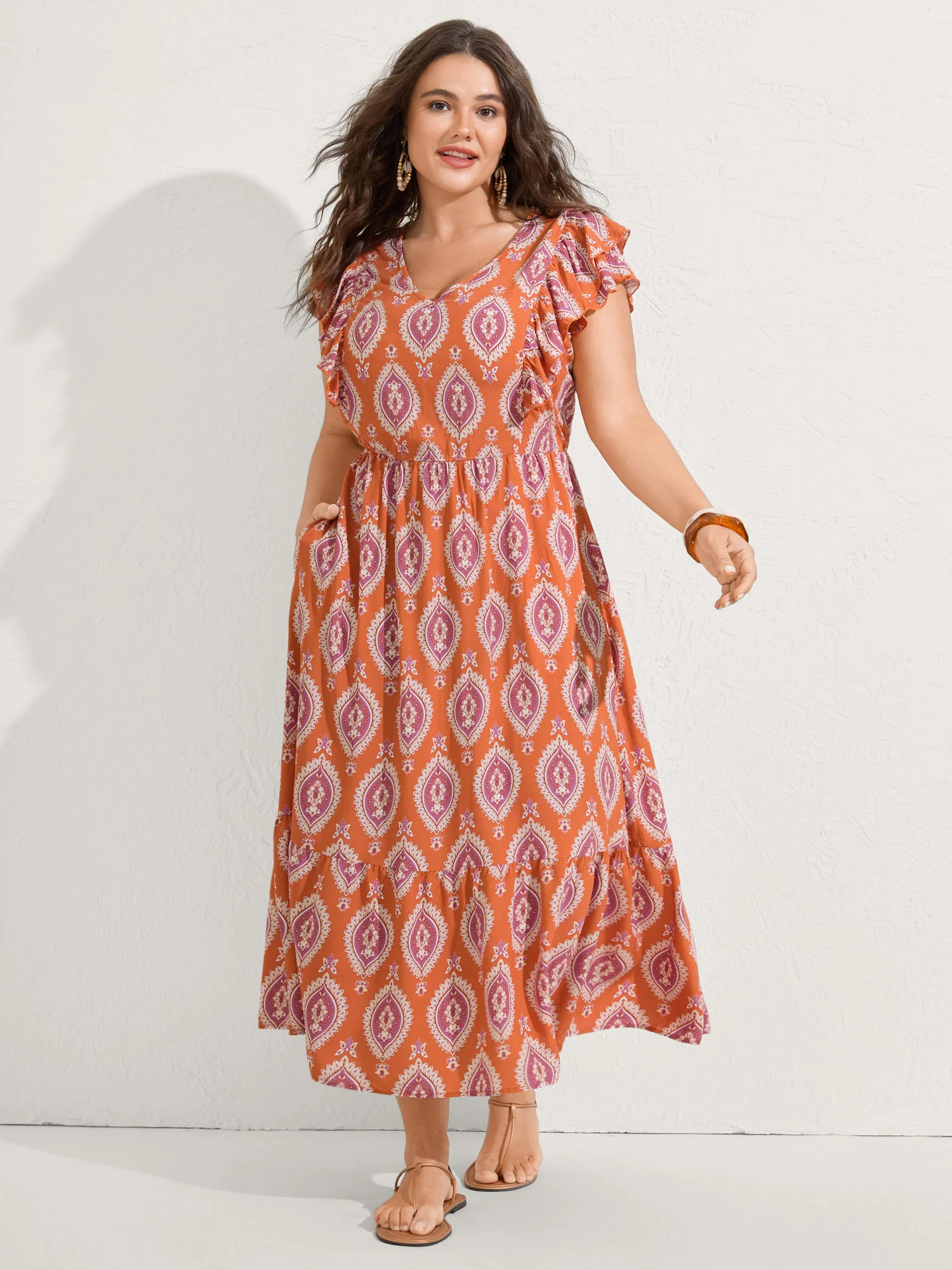 Rayon Boho Print Pocket Midi Dress