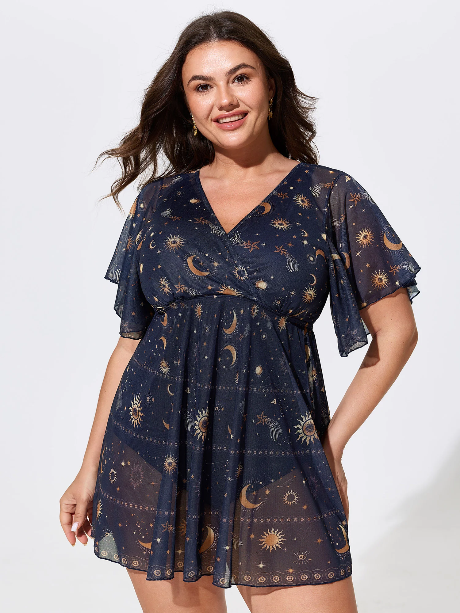 Sheer Star Moon Print Swim Dress