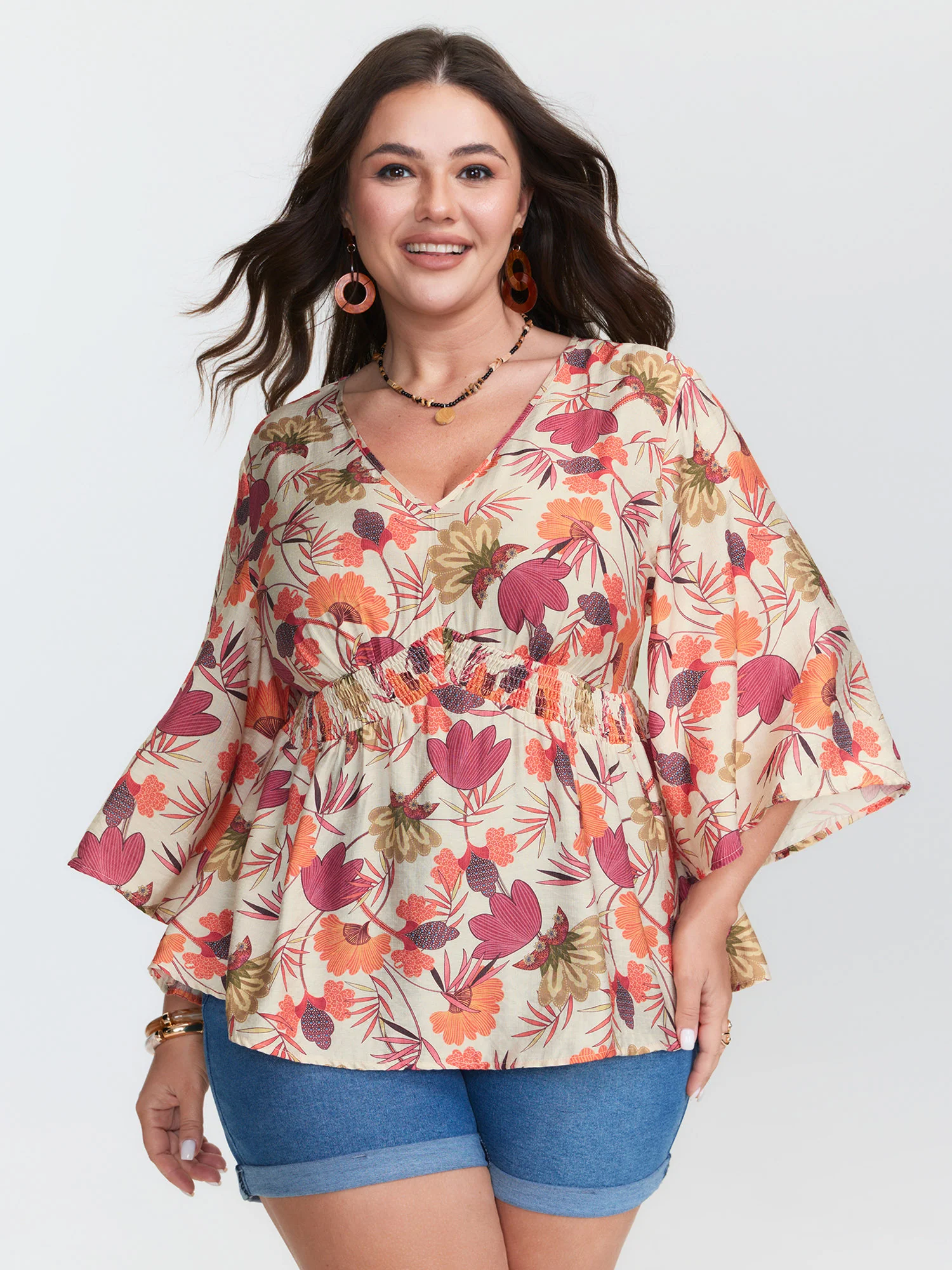 Floral Print Shirred Babydoll Blouse