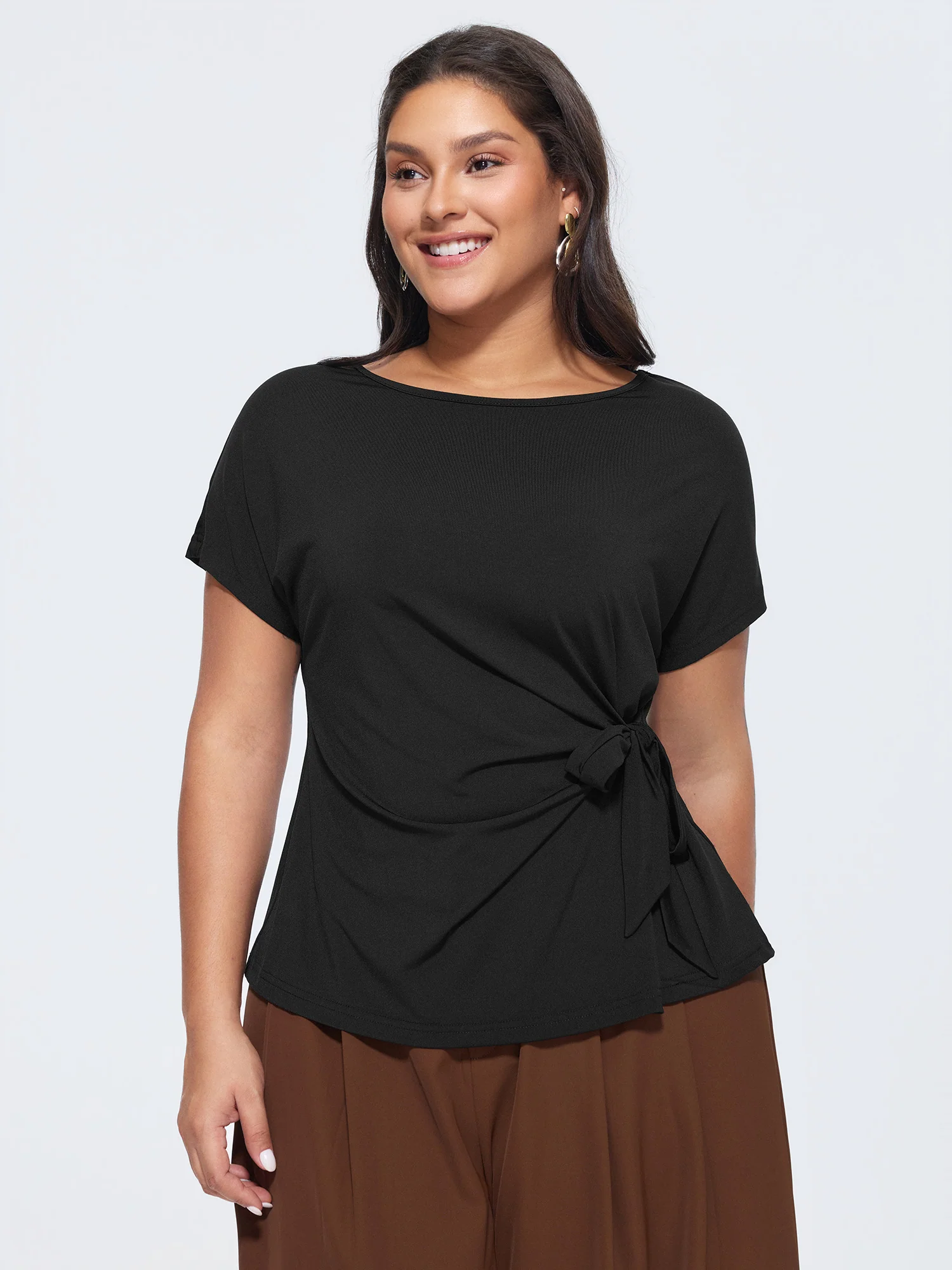 Stretchy Ruched Boat Neckline T-Shirt