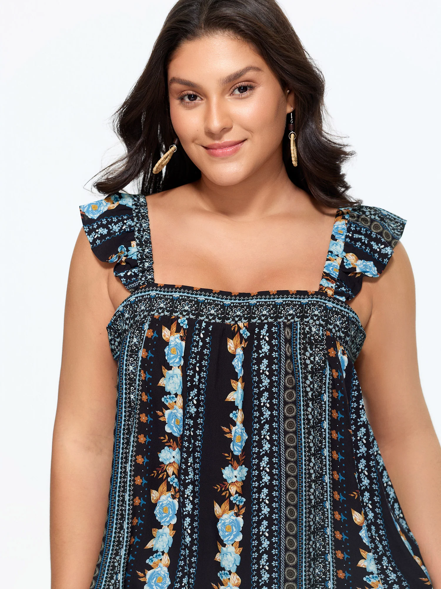 Floral Print Ruffled Straps Tank Top