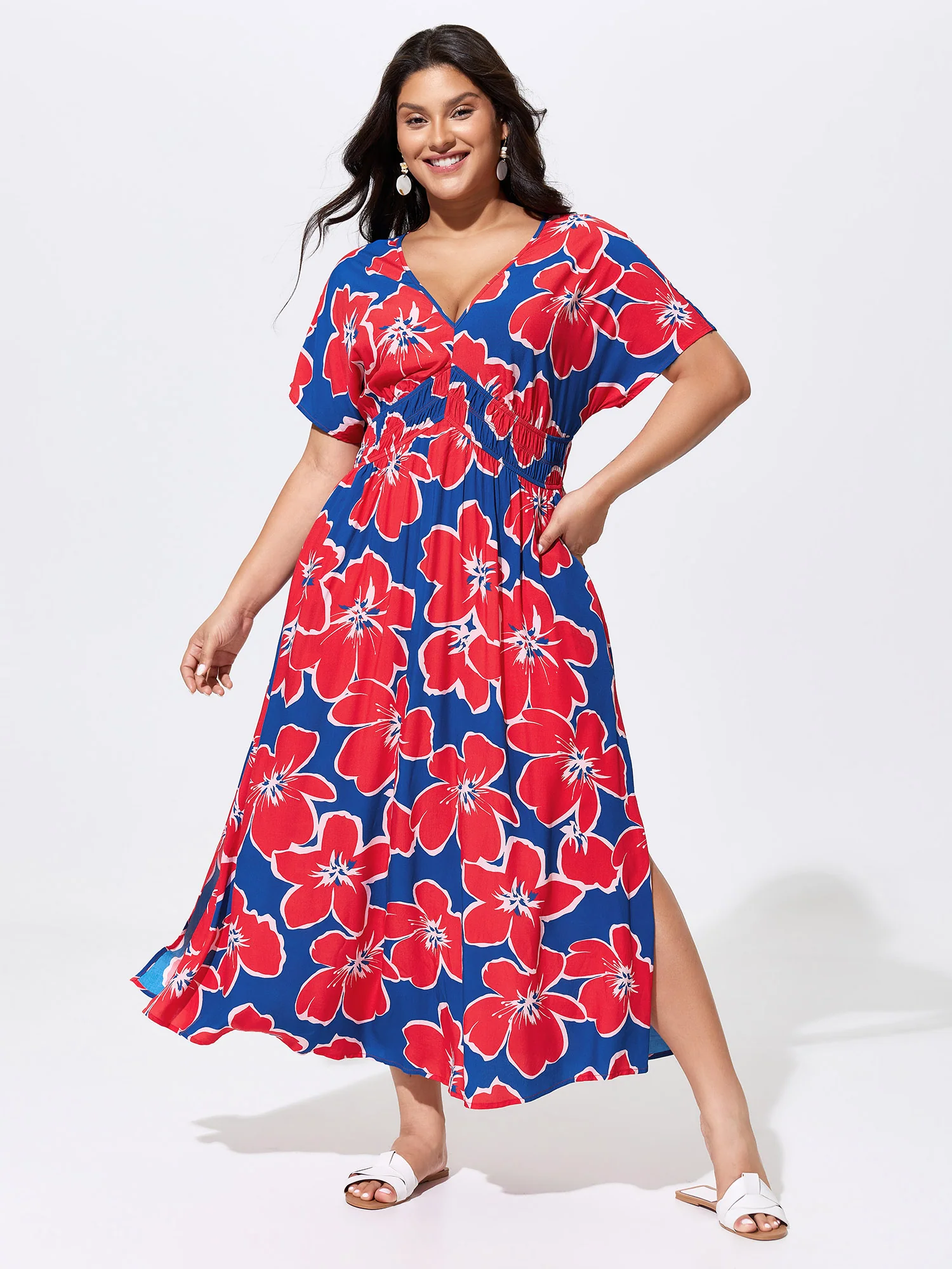 Supersoft Tropical Floral Shirred Waist Midi Dress