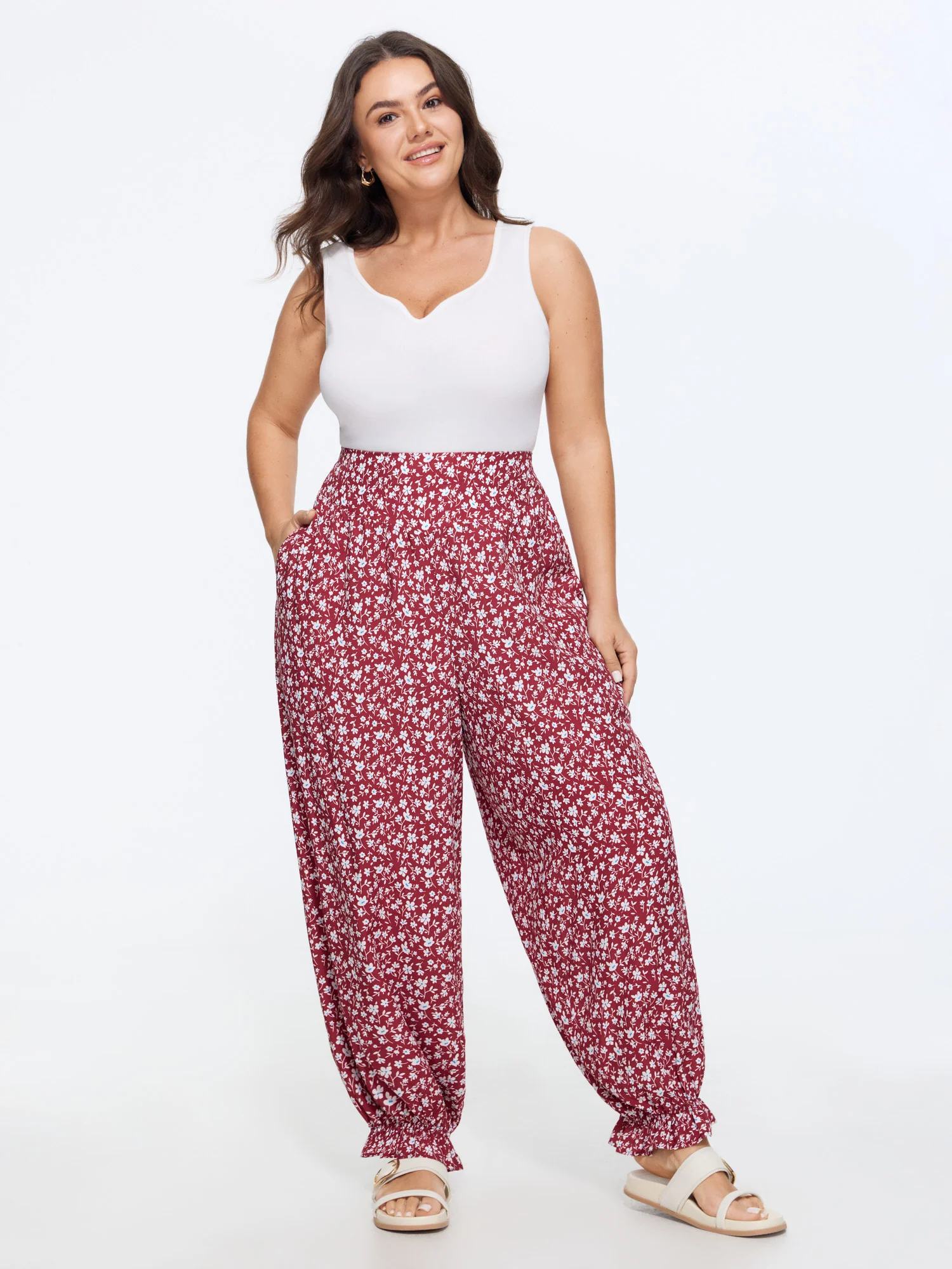 Floral Print Shirred Waist Jogger Pants