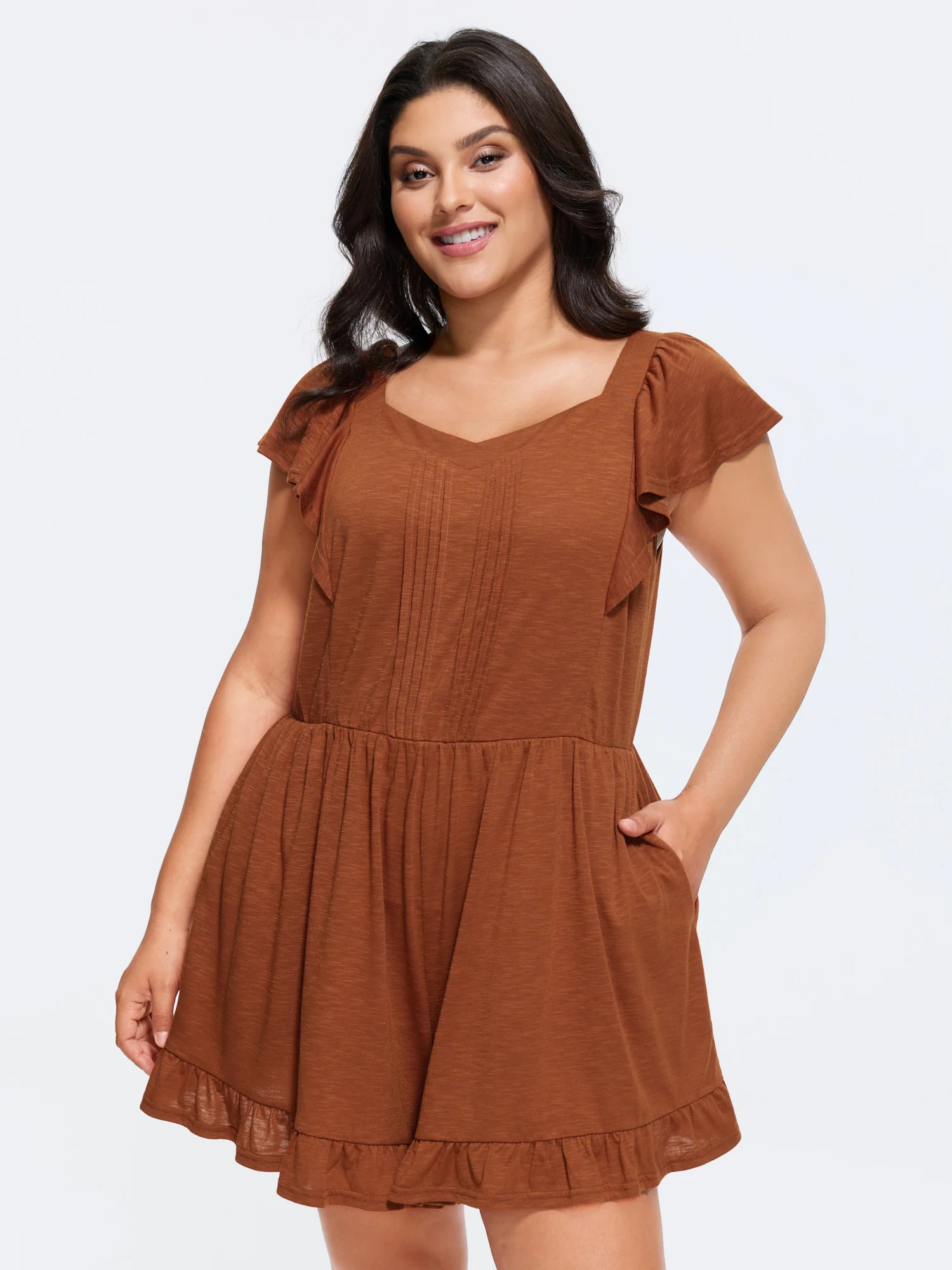 Stretchy Pleated Ruffle Hem Pocket Romper