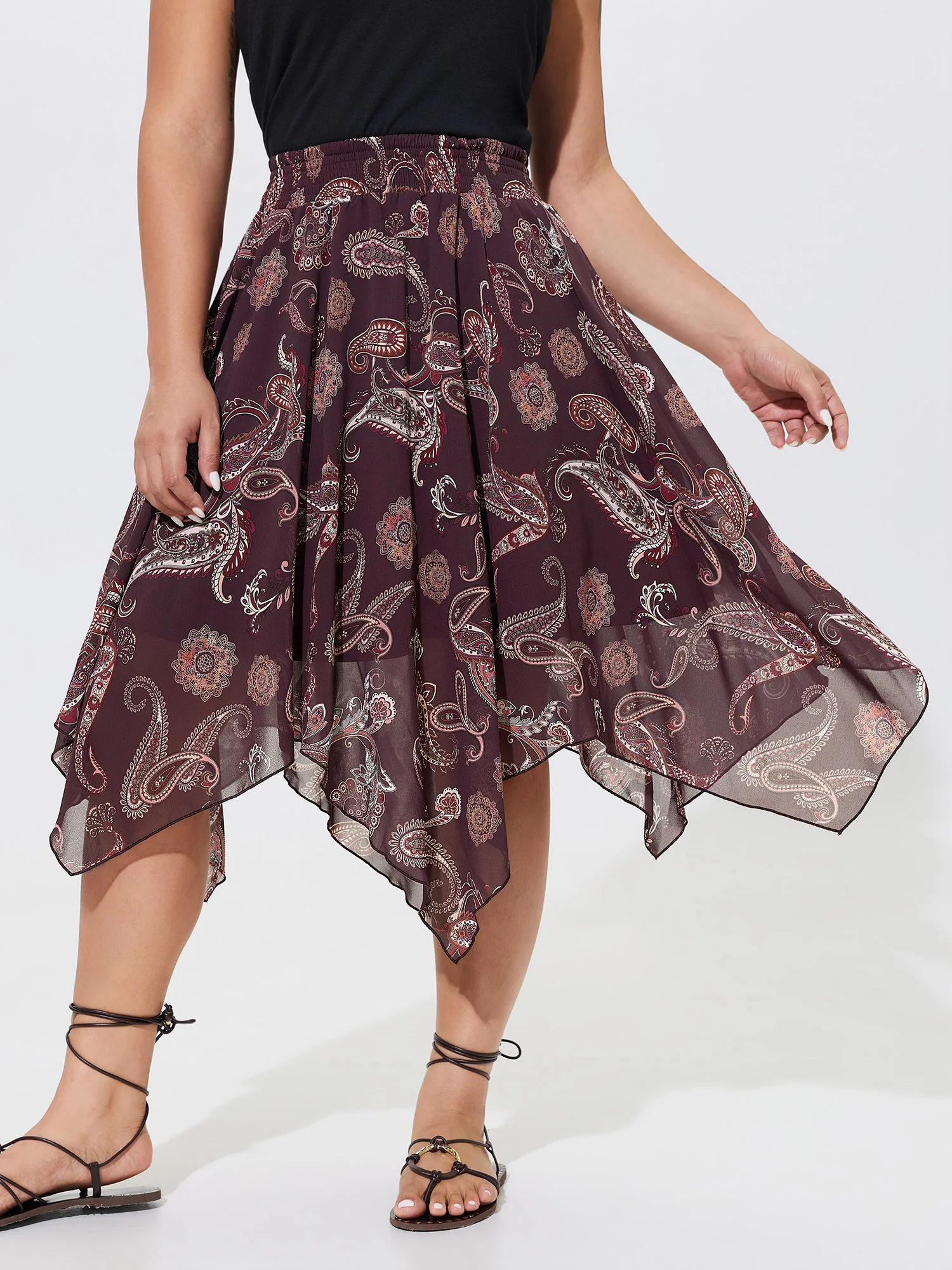 Paisley Print Shirred Waist Asymmetrical Mesh Midi Skirt