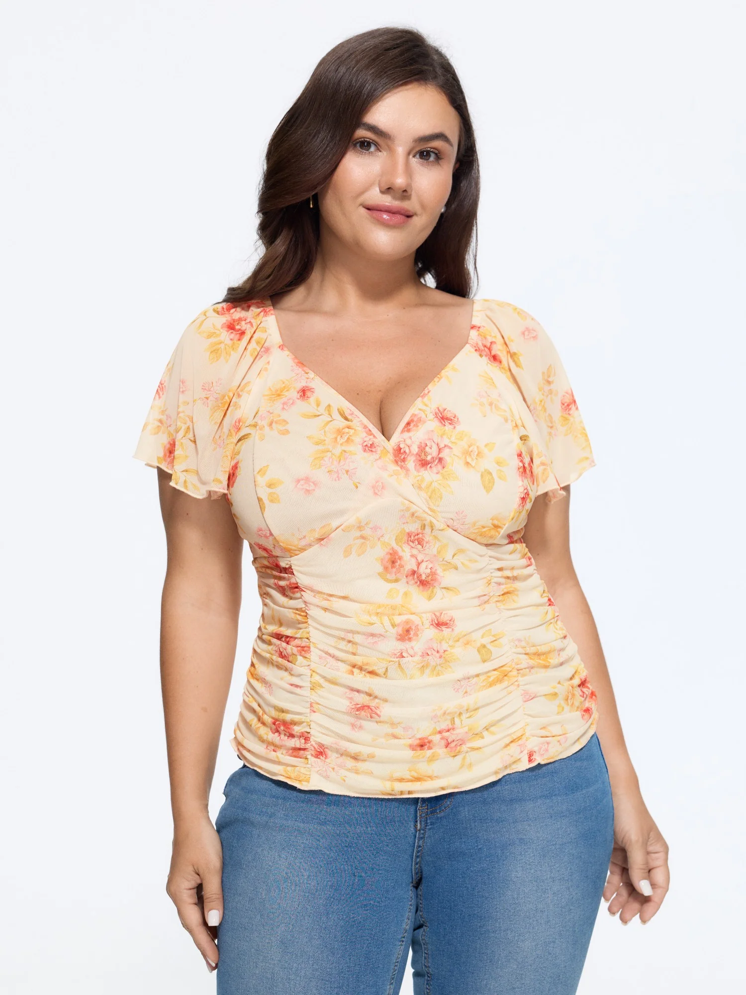 Stretchy Floral Print Ruched Waist Mesh Blouse