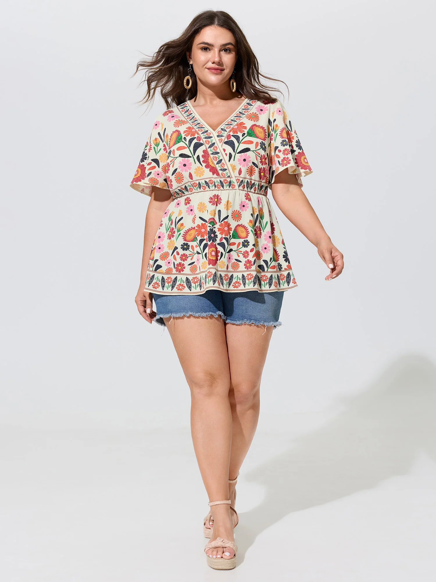 V Neck Colorful Floral Print Babydoll Blouse
