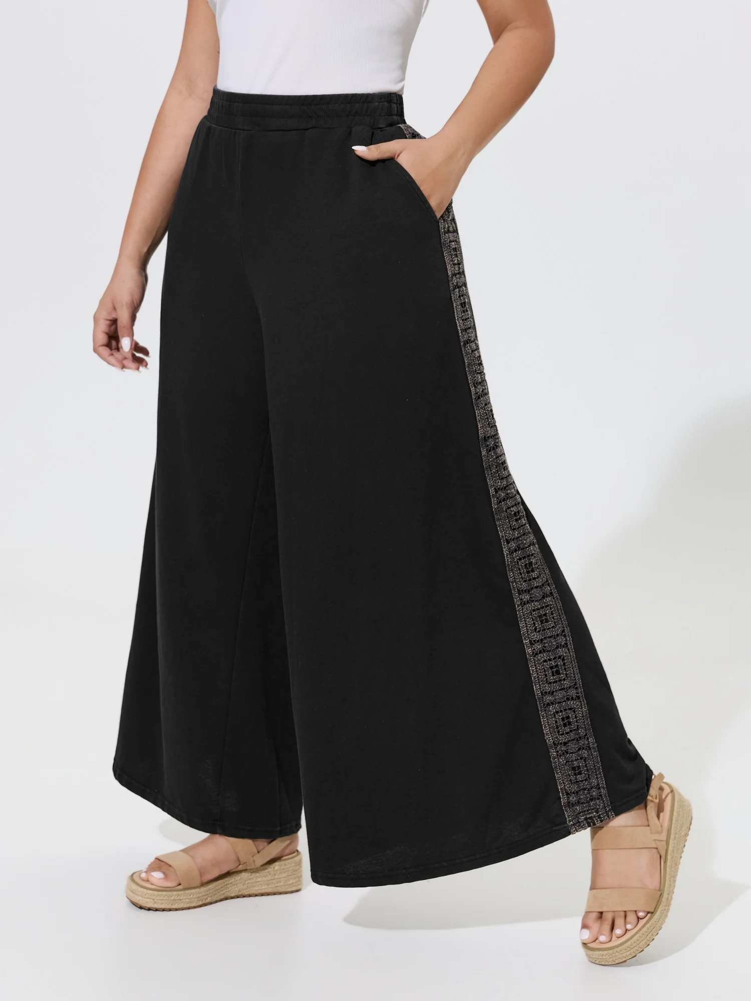 Boho Geometric Trim Wide Leg Pants