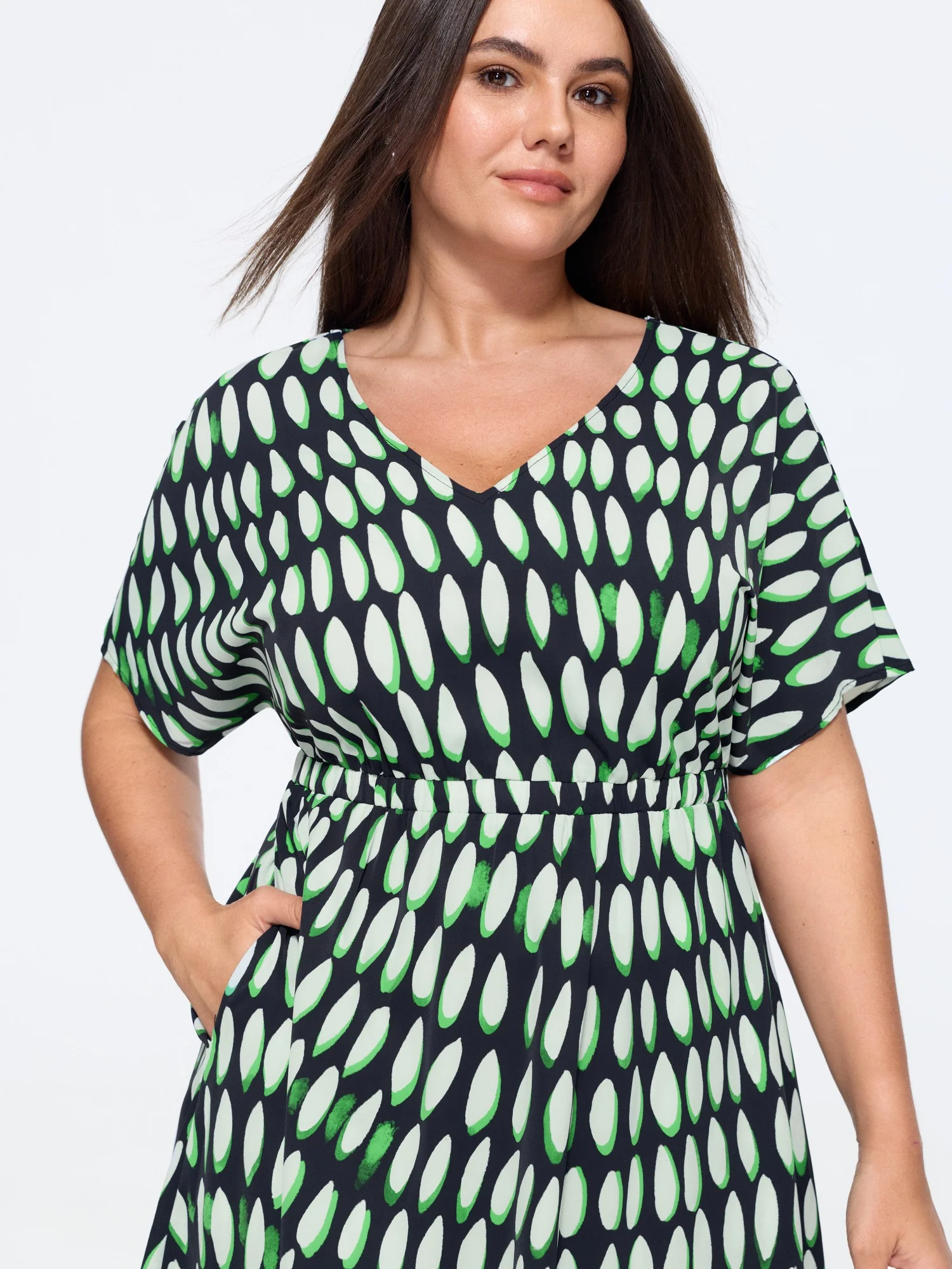 Ellipse Polka Dot Print Ruched Waist Midi Dress