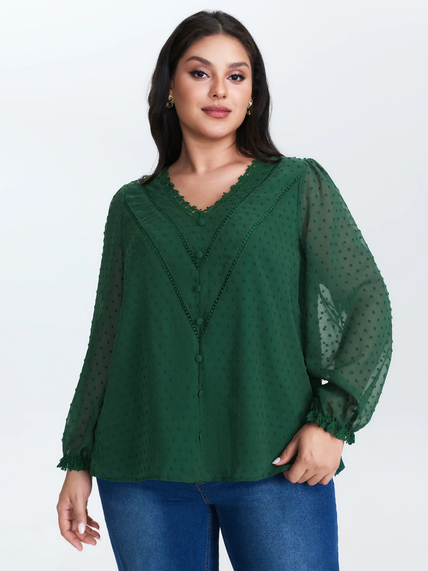 Jacquard Lace Trim V-Neck Blouse