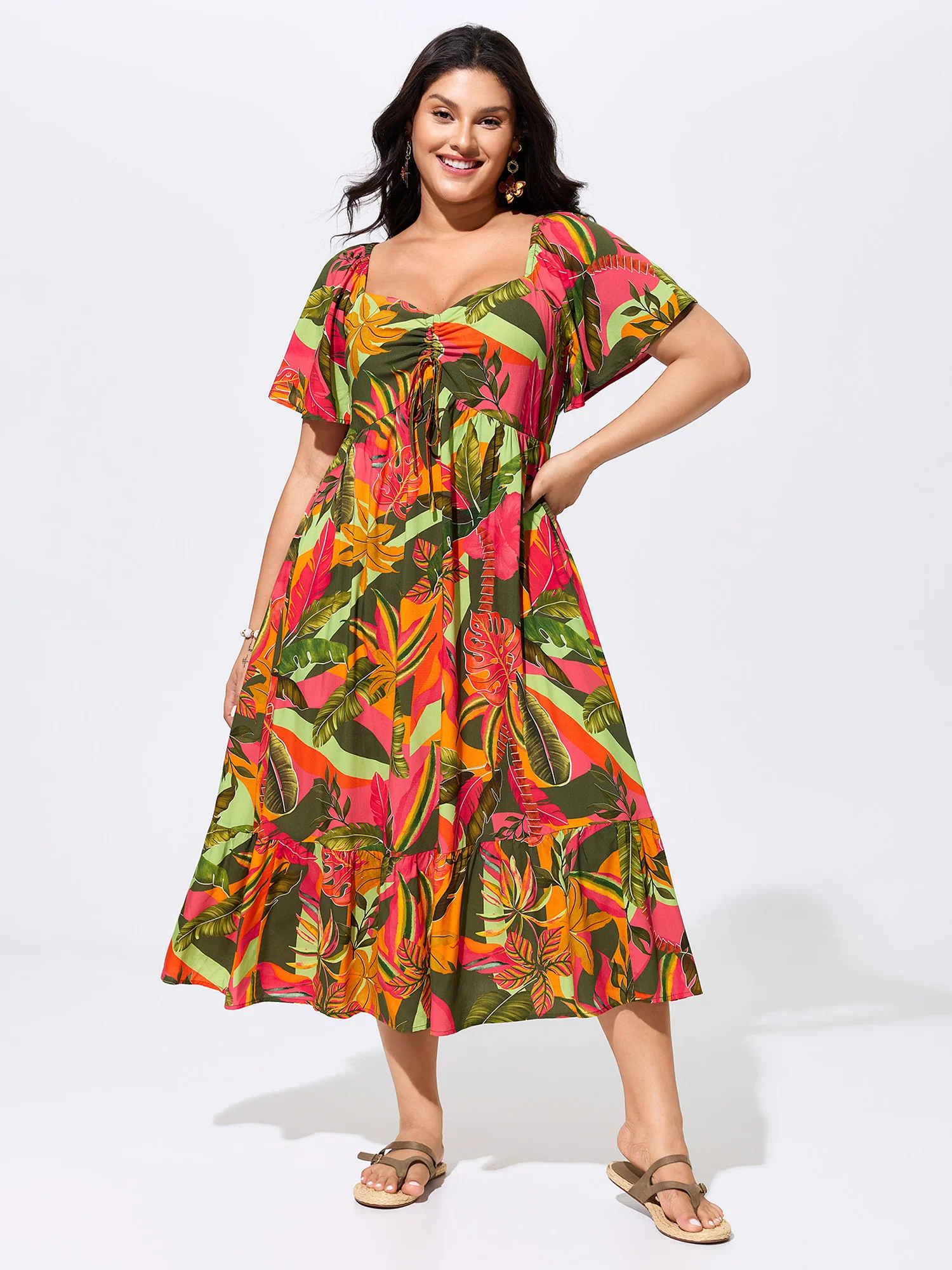 Vibrant Tropical Print Adjustable Chest Drawstring Bust-Friendly Midi Dress