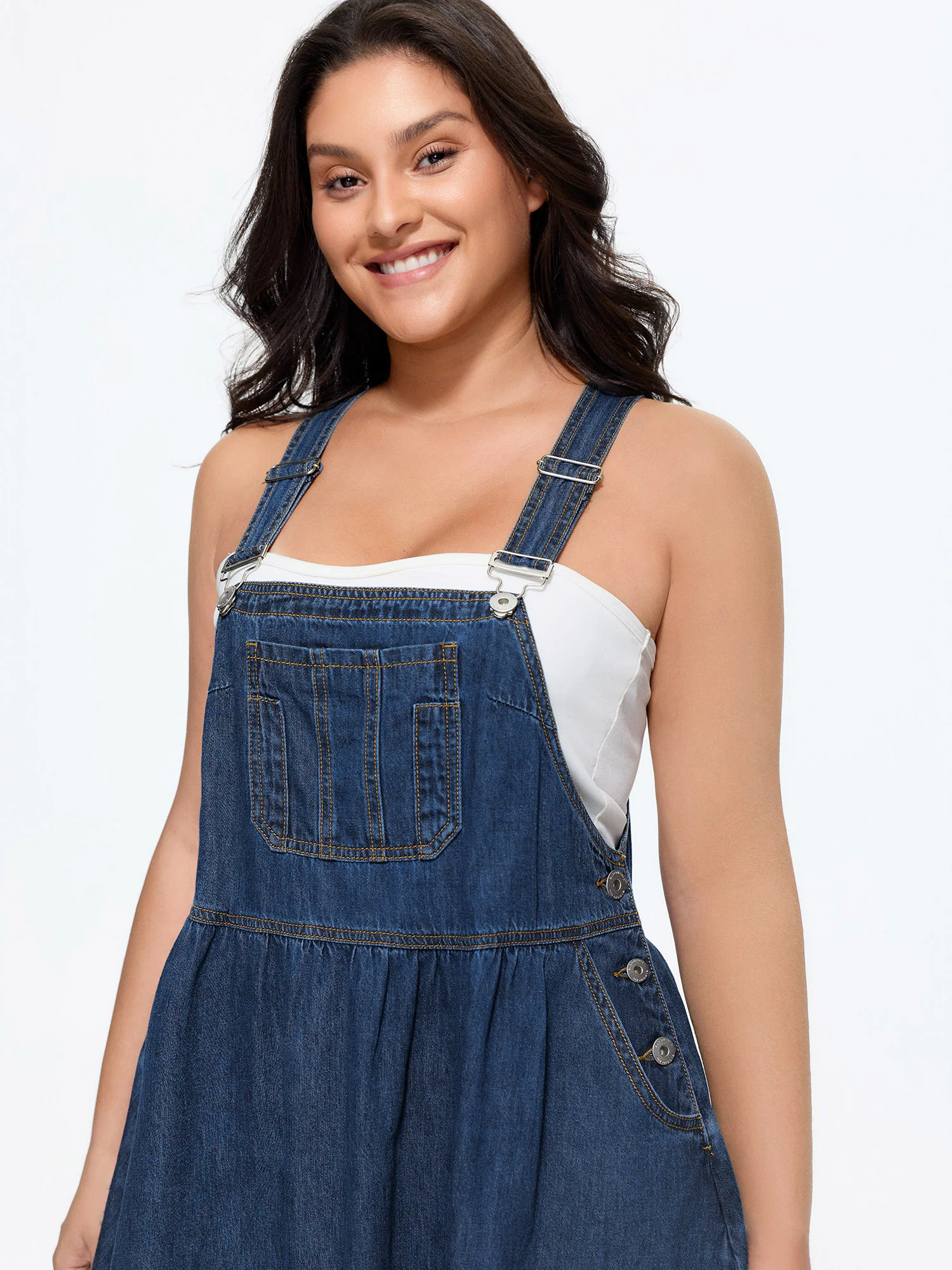 Stretchy Overall Straps Pleated Mini Denim Dress