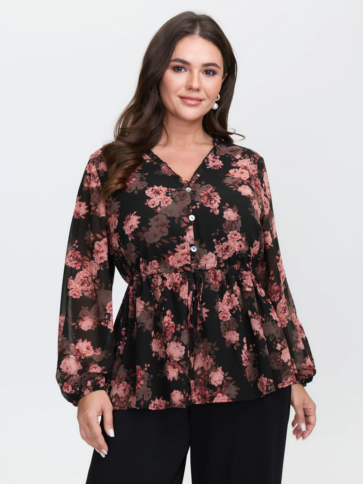 Floral Print Sheer Ruffled Blouse