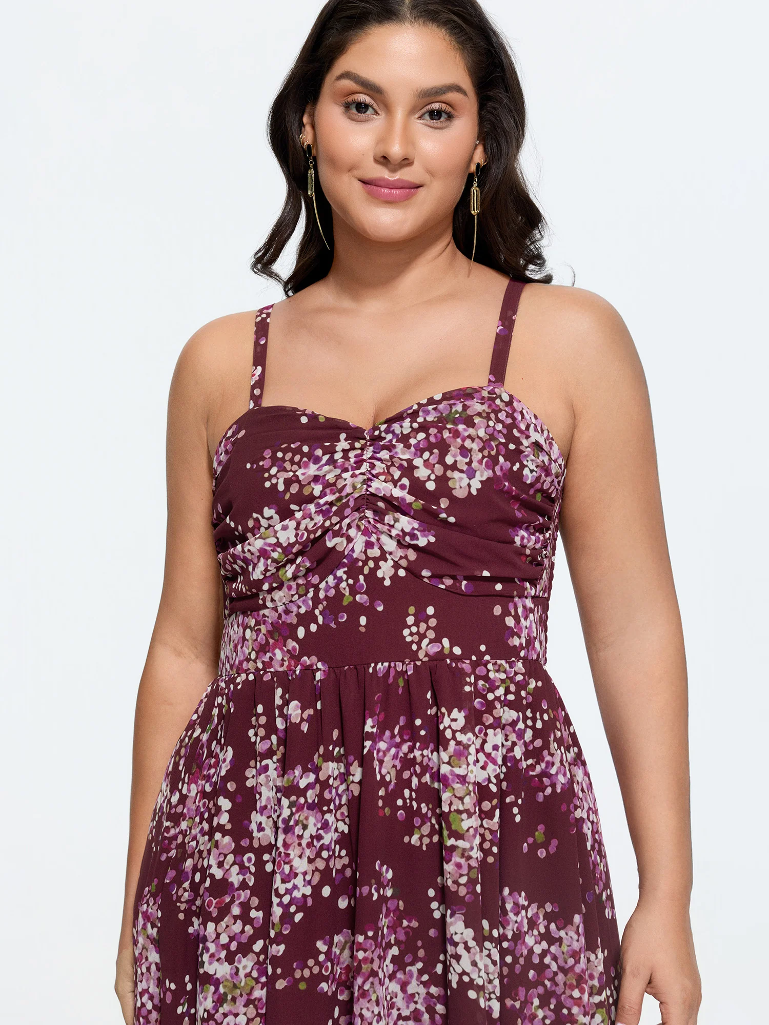Elegant Floral Print Shirred Cami Maxi Dress