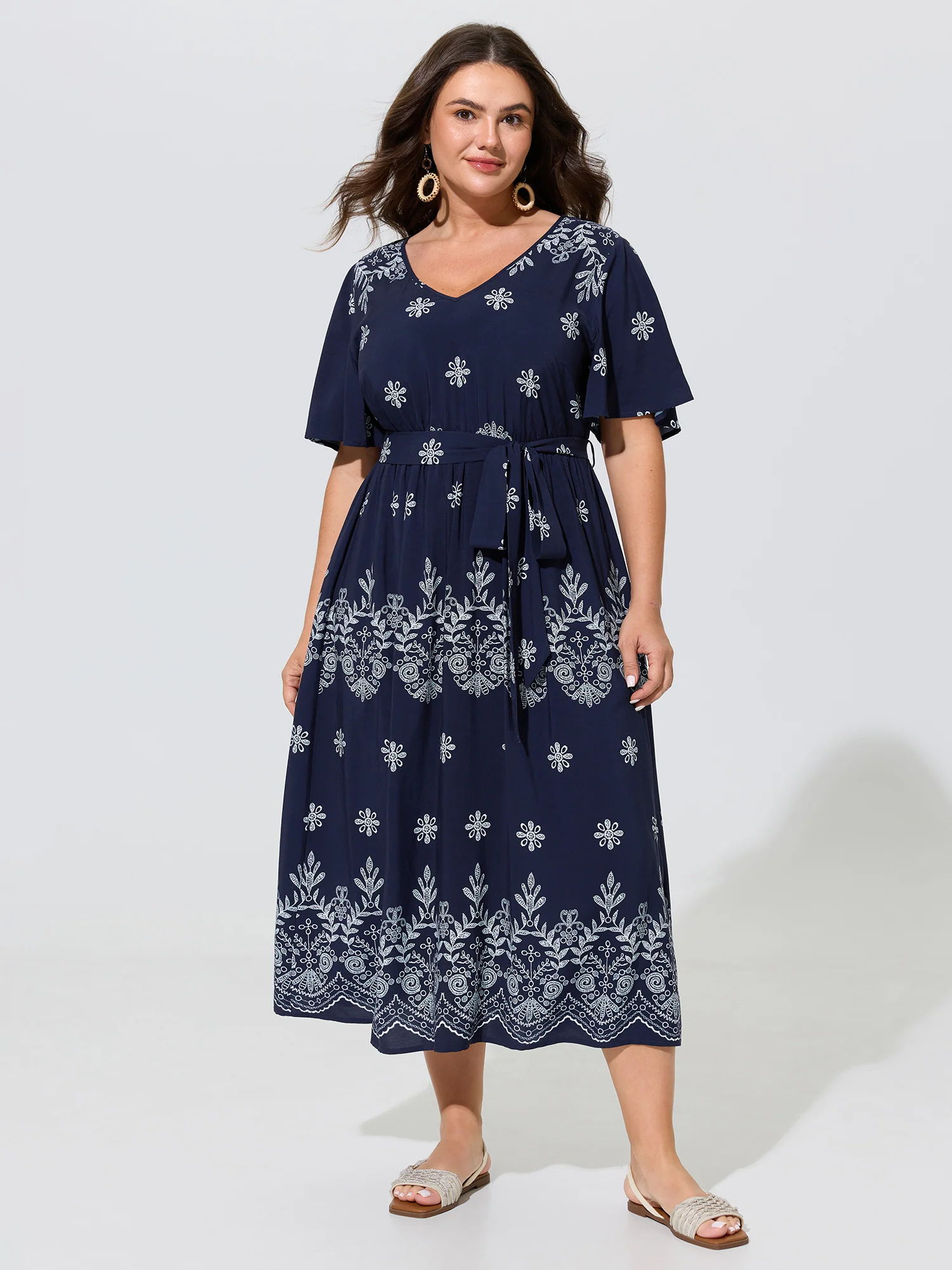 Boho Floral Print Belted Midi Dress