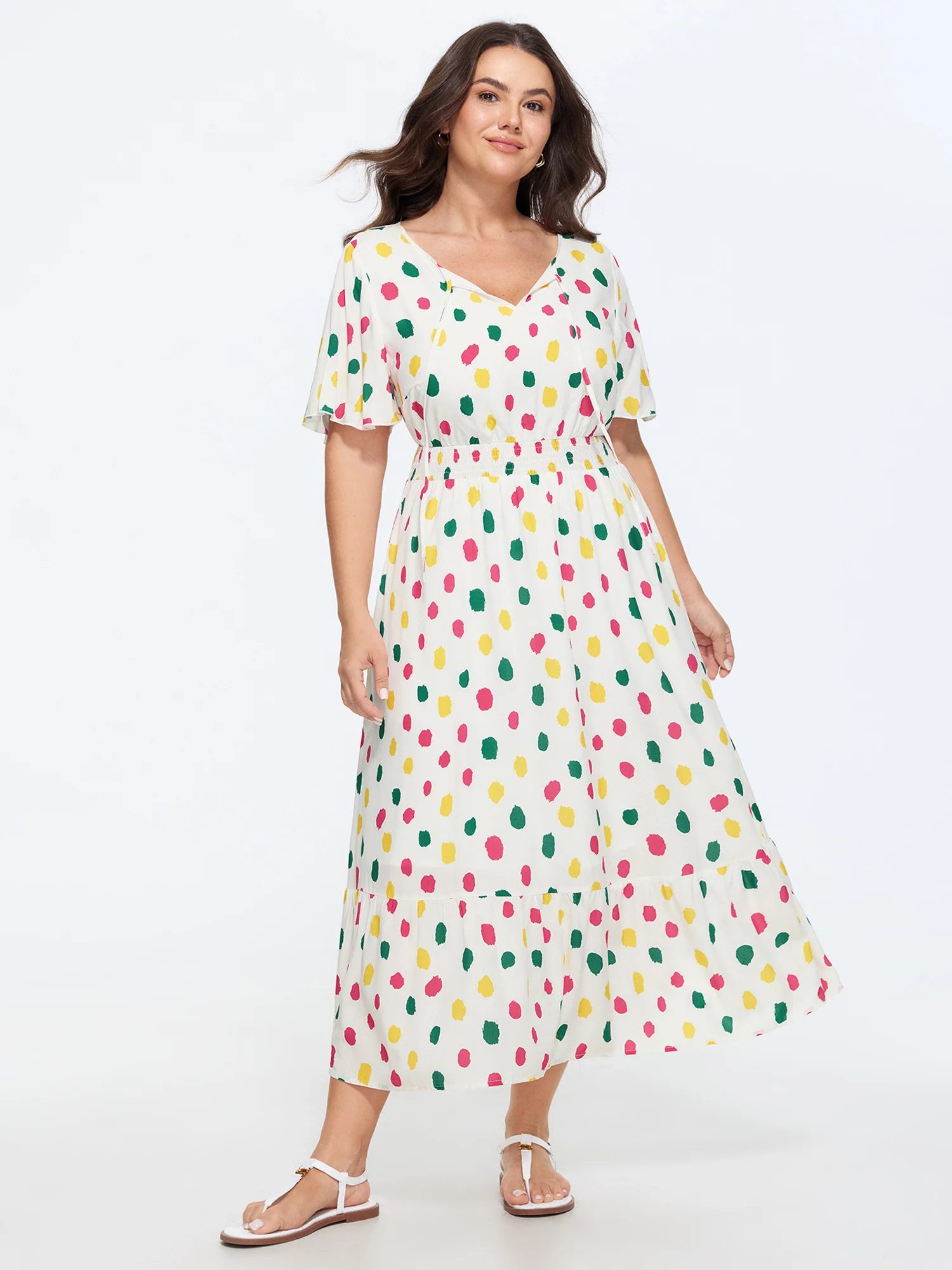 Supersoft Colorful Polka Dots Shirred Waist Midi Dress