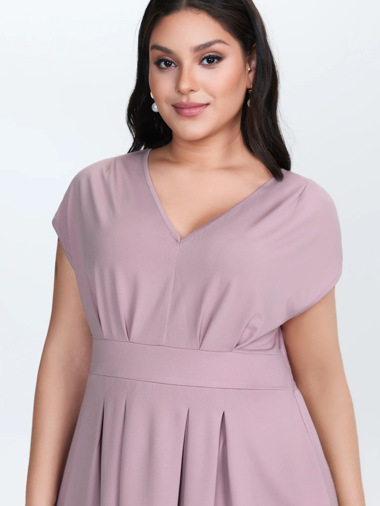 V-Neck Pleated Plain Knit Top